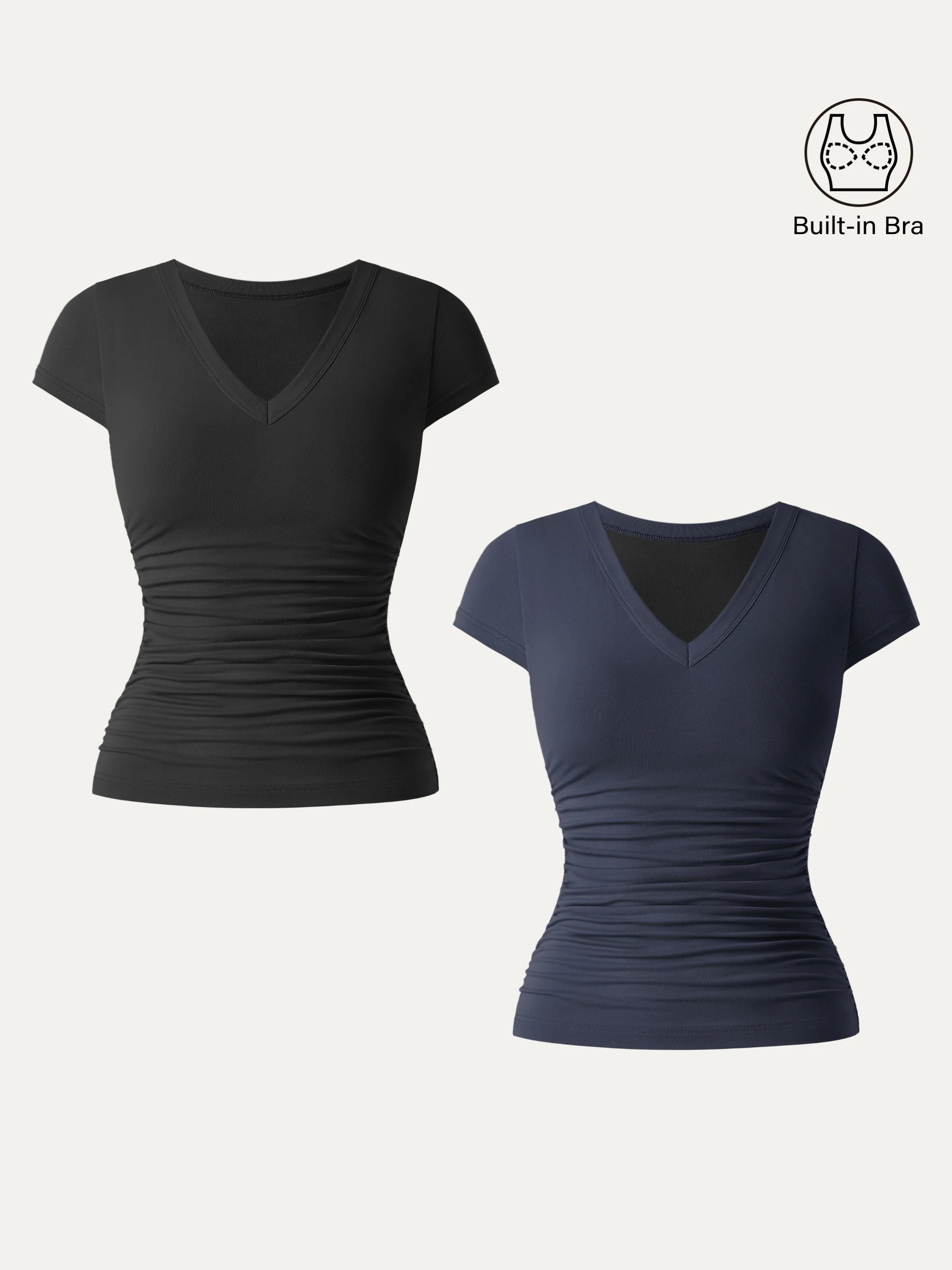 2-Piece Set Elevated V-Neck Side-Ruched Cap-Sleeve Bra Tee