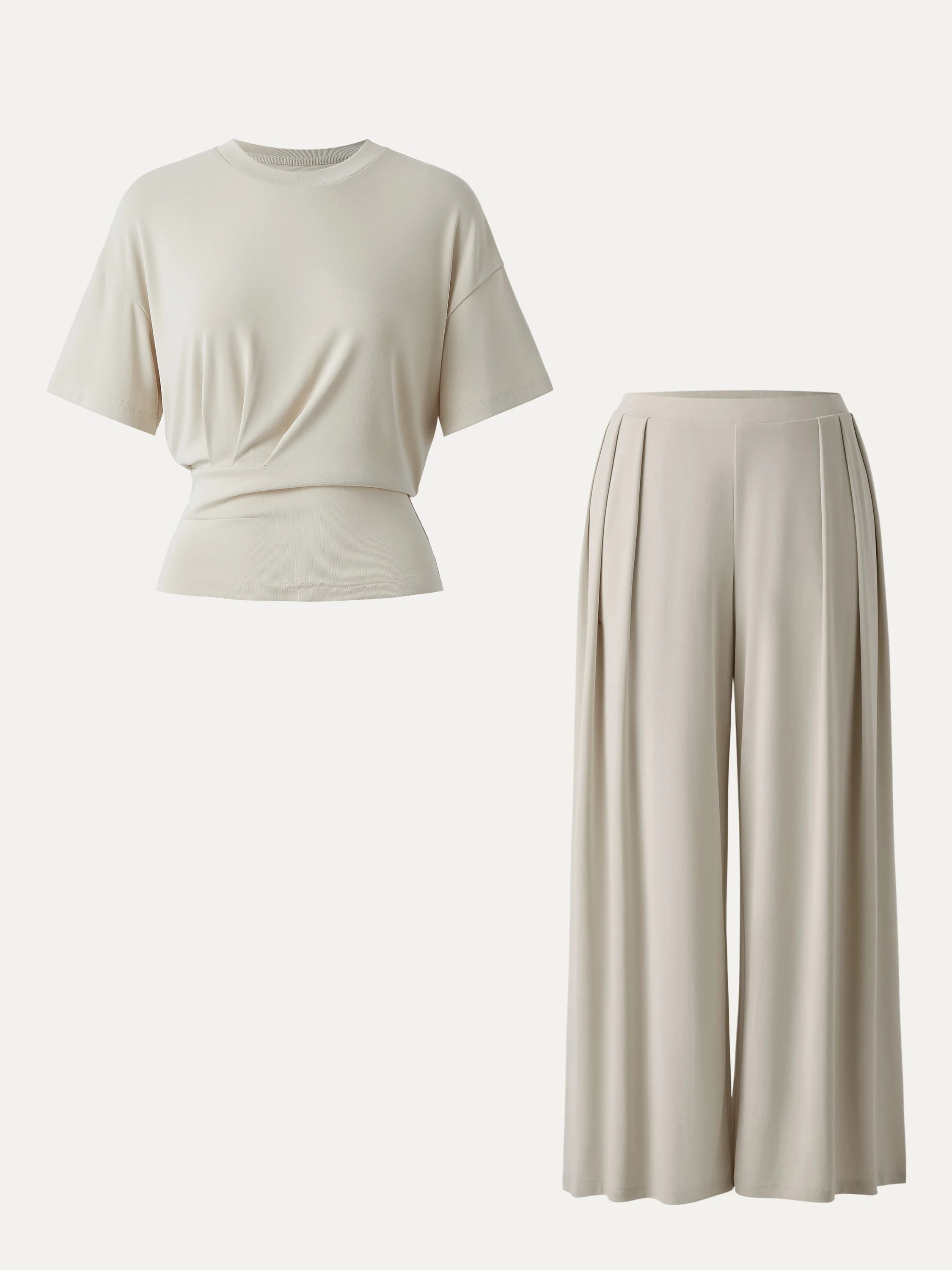 2Pcs Set Sandwashed Crewneck Tee & Mid Rise Pleated Wide Leg Pants with Pockets