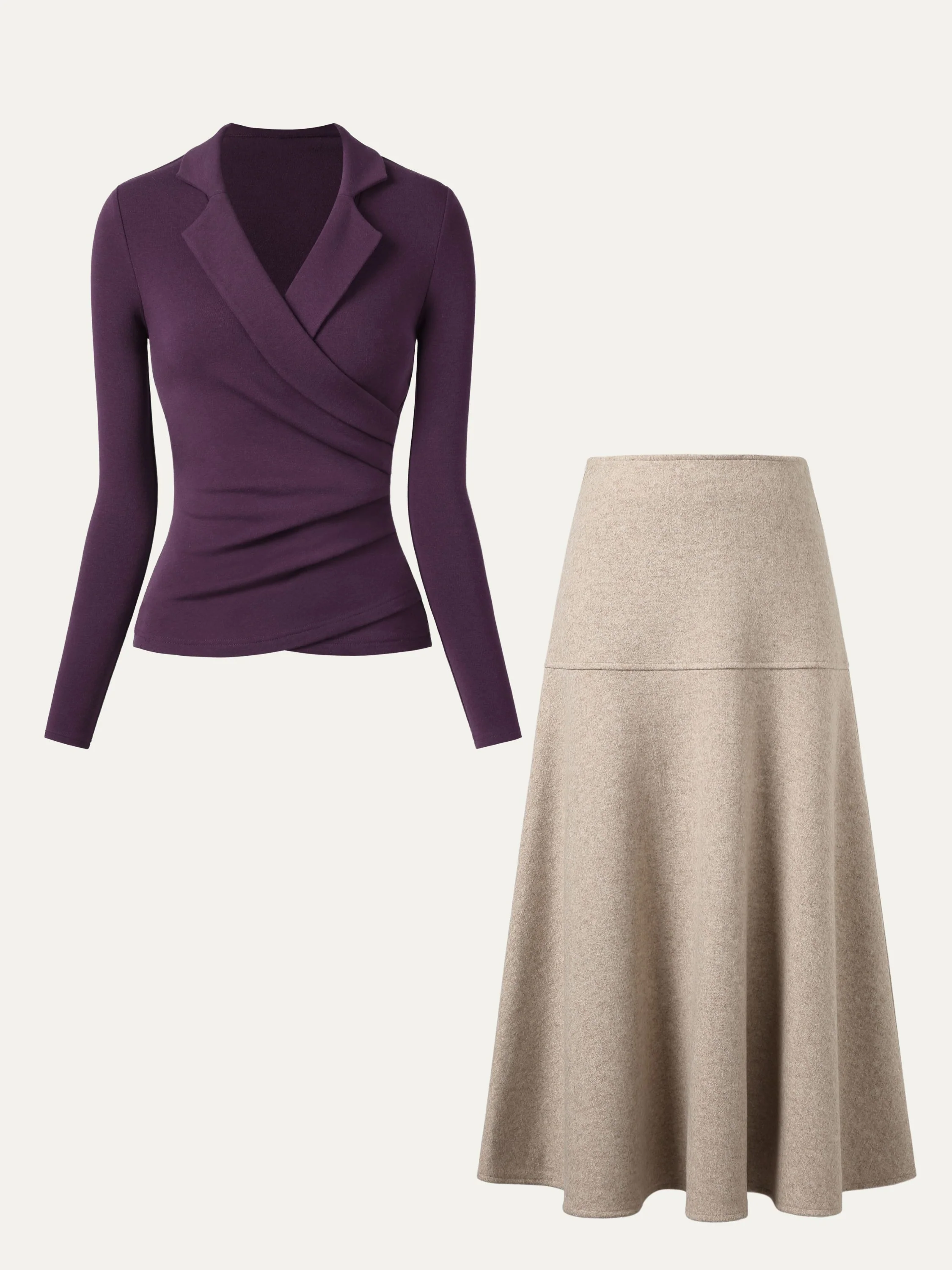 2-Piece Set: Collared Surplice Top and Flared Maxi Skirt