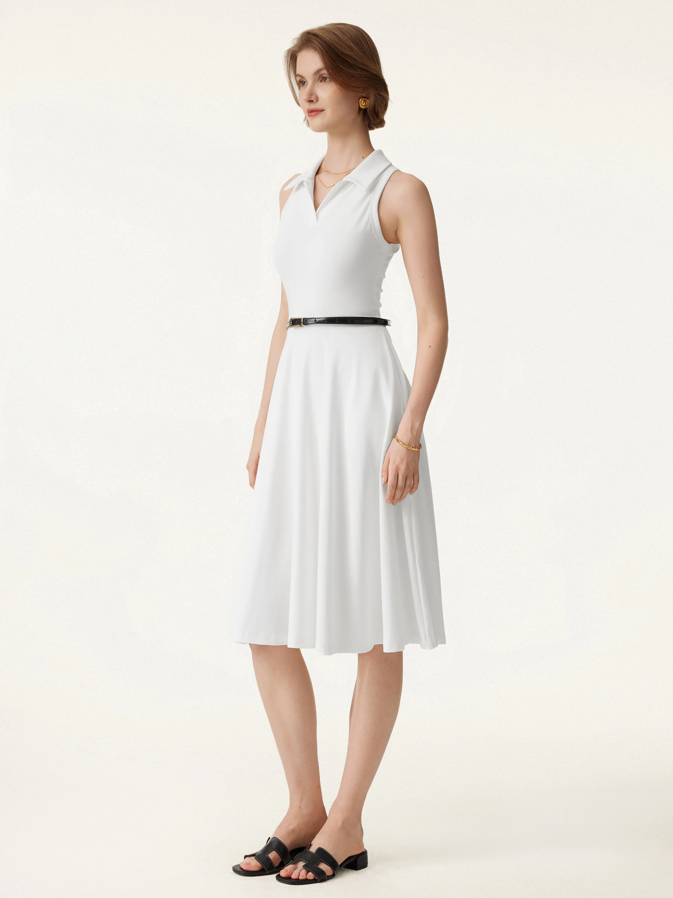 Stretch Cotton Polo Neck Fit-and-flare Midi Brami Dress with Pockets