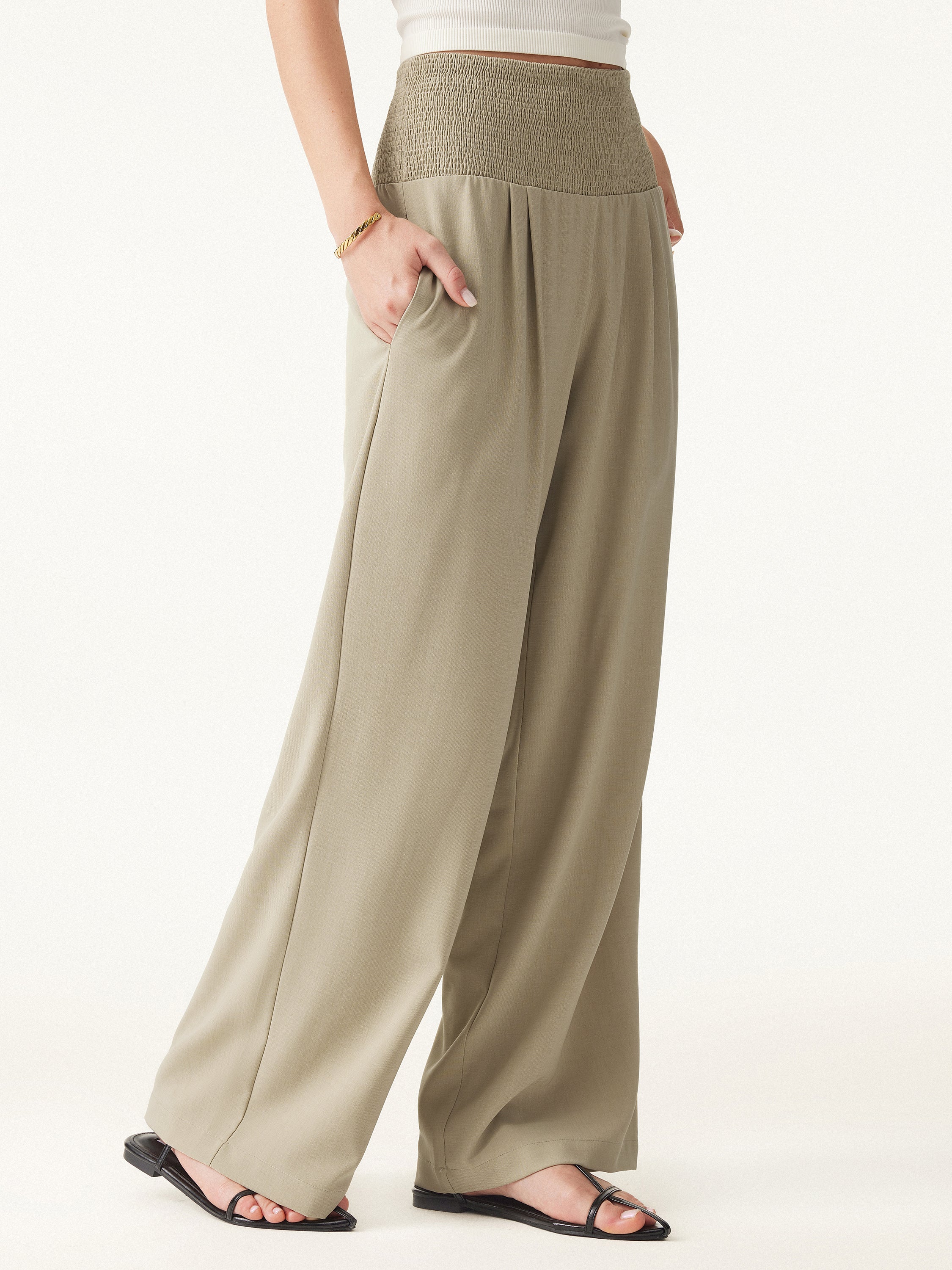 Wrinkle-resistant Tencel Linen Mid-rise Smocked Wide-leg Pant with Pockets