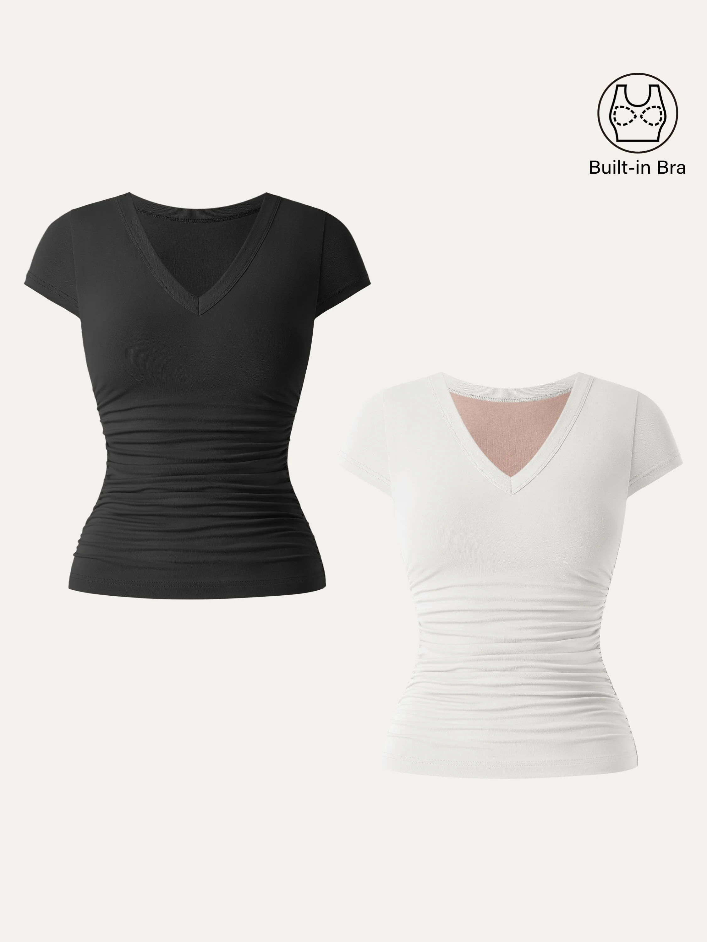 2-Piece Set Elevated V-Neck Side-Ruched Cap-Sleeve Bra Tee
