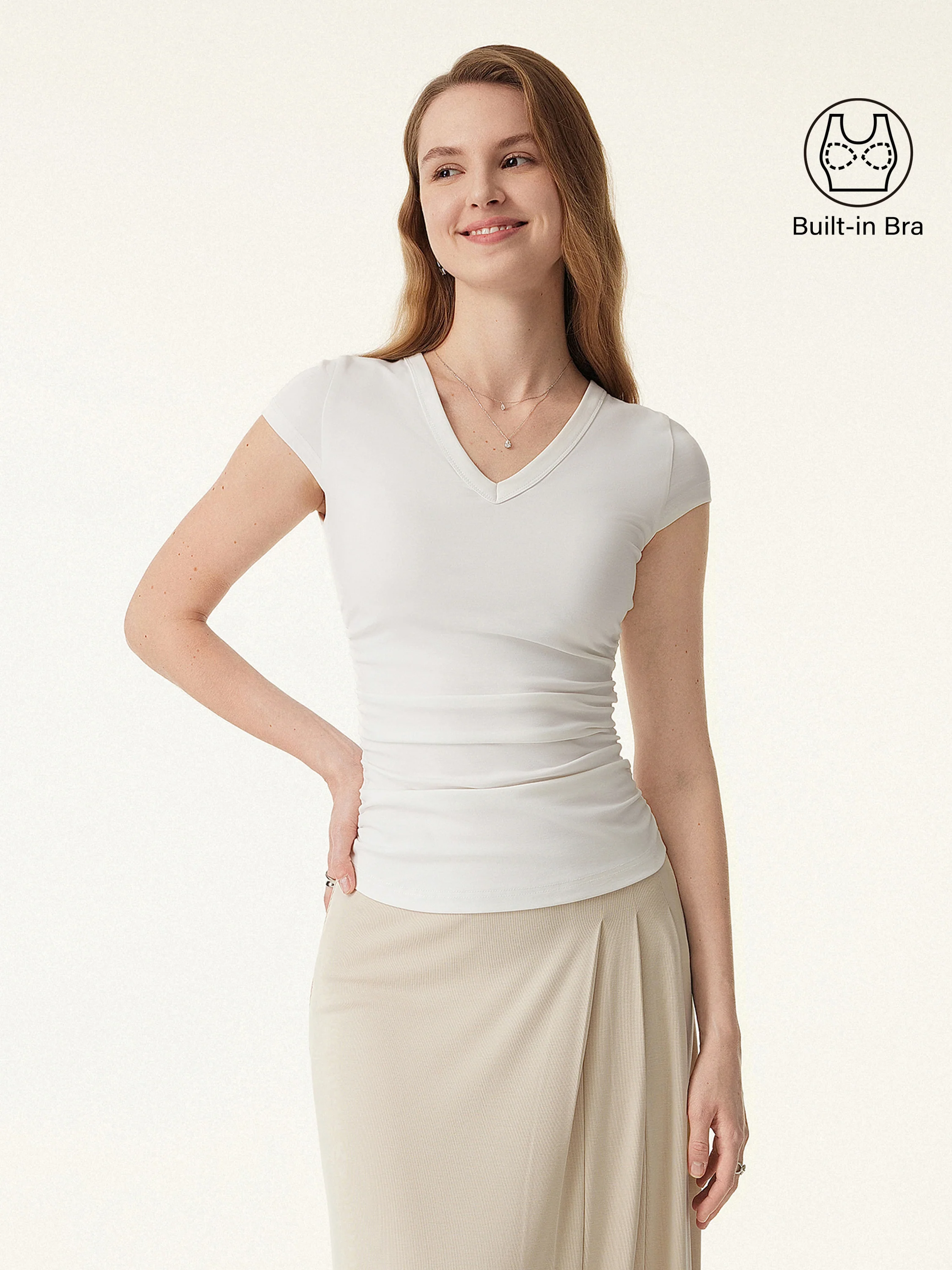 Elevated V-neck Side Ruched Cap Sleeve Brami Tee