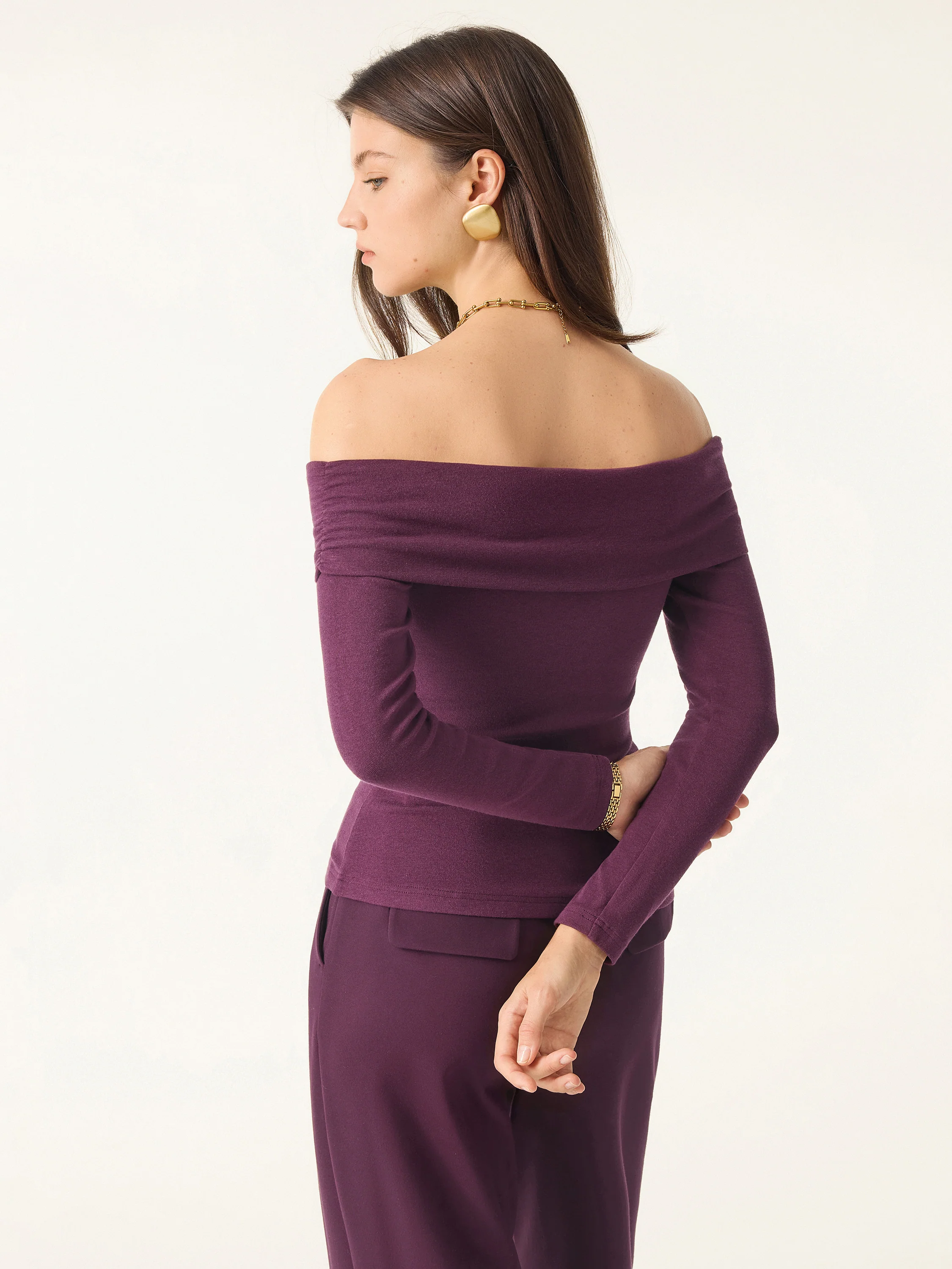 2Pcs Set Criss Cross Off-Shoulder Brami & High Rise Pull-on Flared Petite Pants