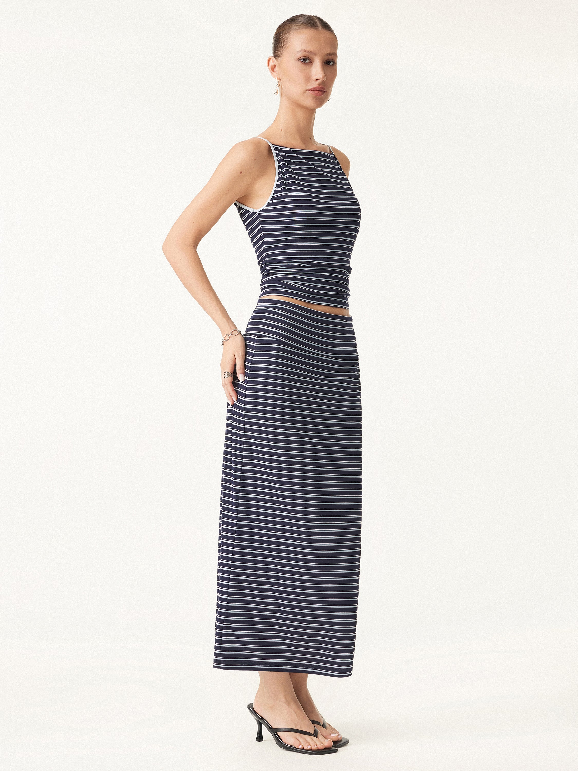 2-Piece Set of Striped Spaghetti Tops & Low-Rise Striped Midi Skirt