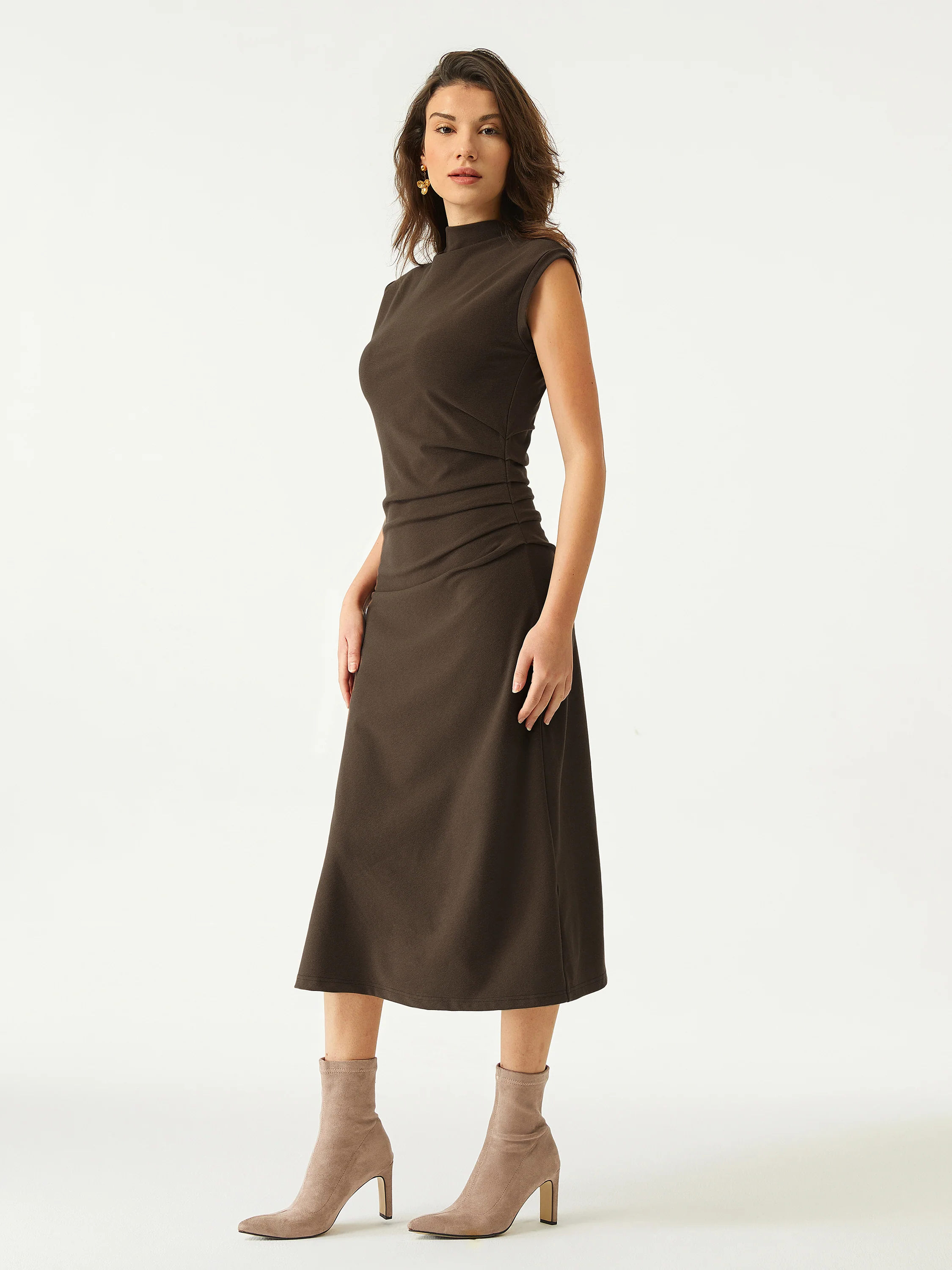 Mock Neck Tucked Midi Dress