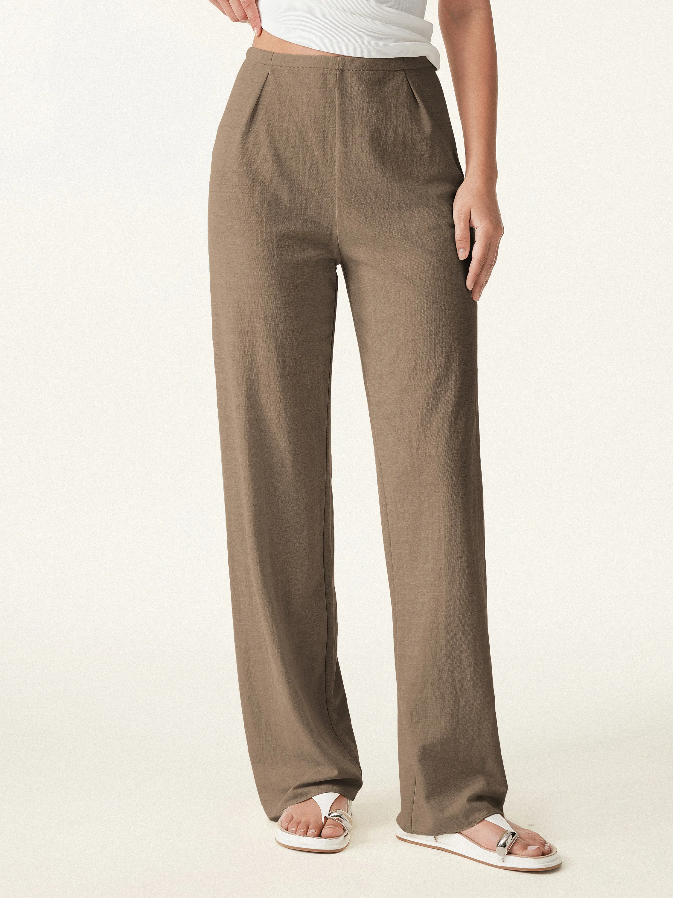 Wrinkle-resistant Cotton Linen Mid-rise Straight-leg Pants