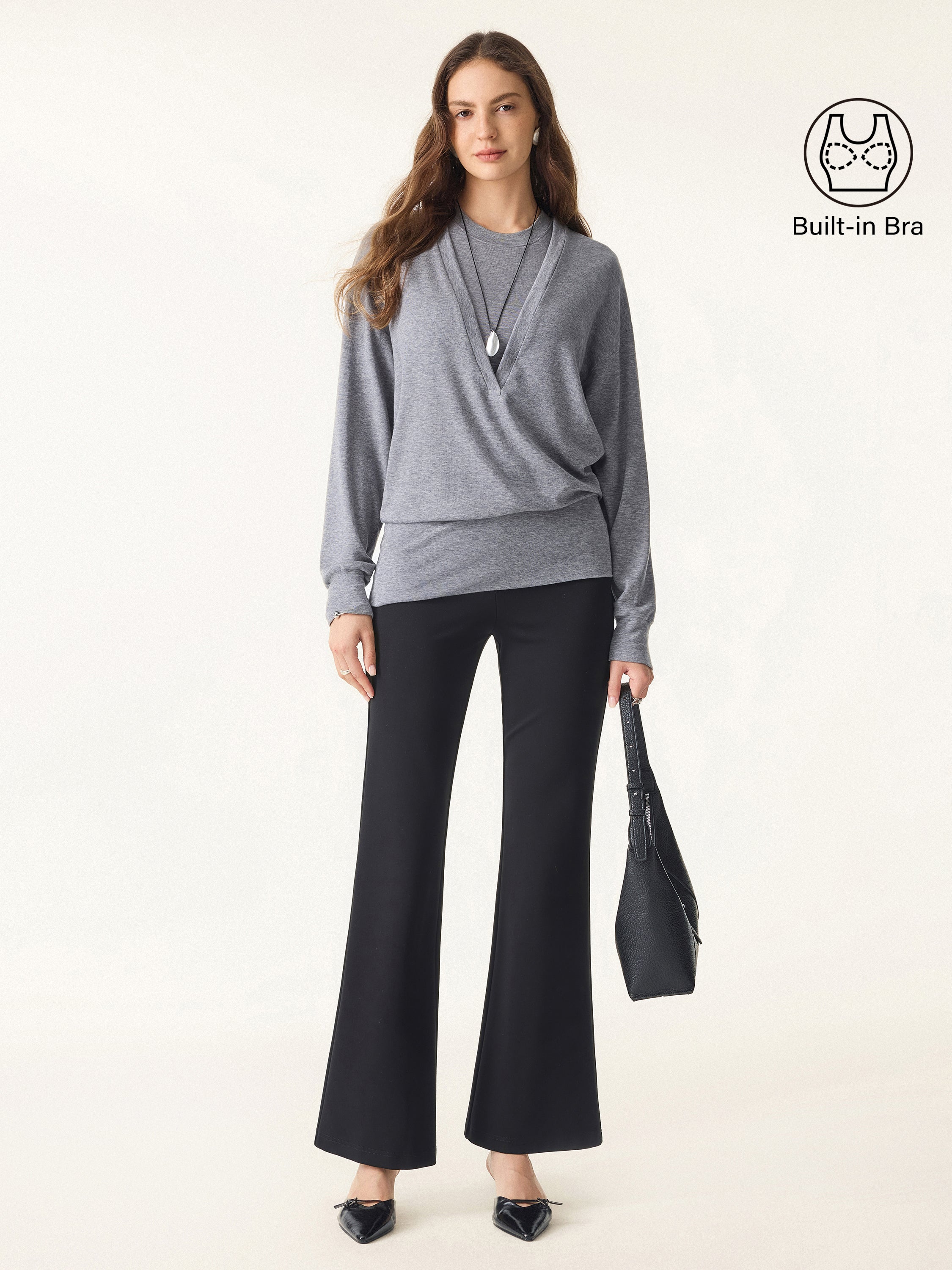 2Pcs Set Lyocell Cashmere V-neck Drop Shoulder Top & Crew Neck Wide Shoulder Brami