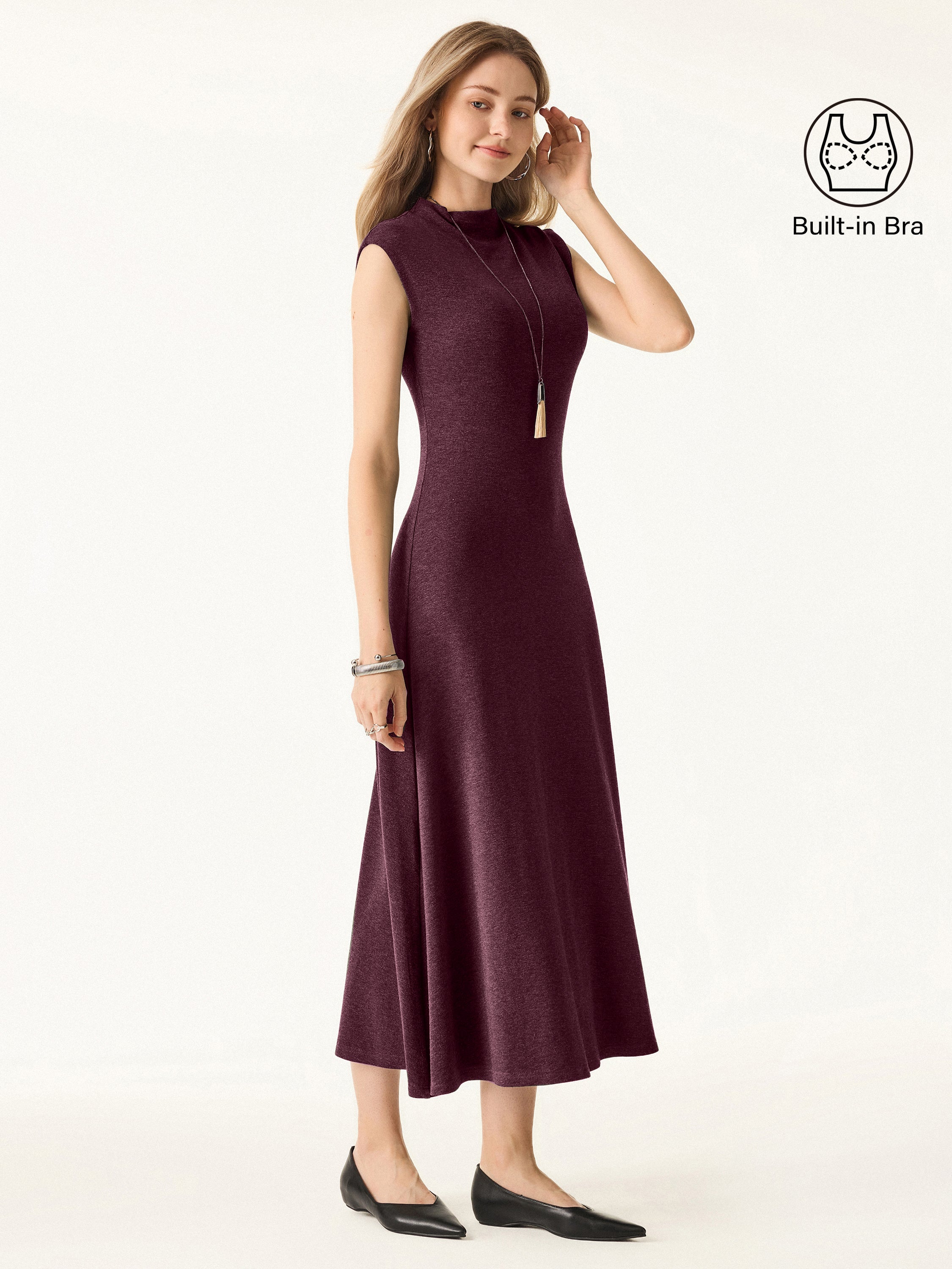 Warm Light Mockneck Wide-Shoulder Midi Brami Dress