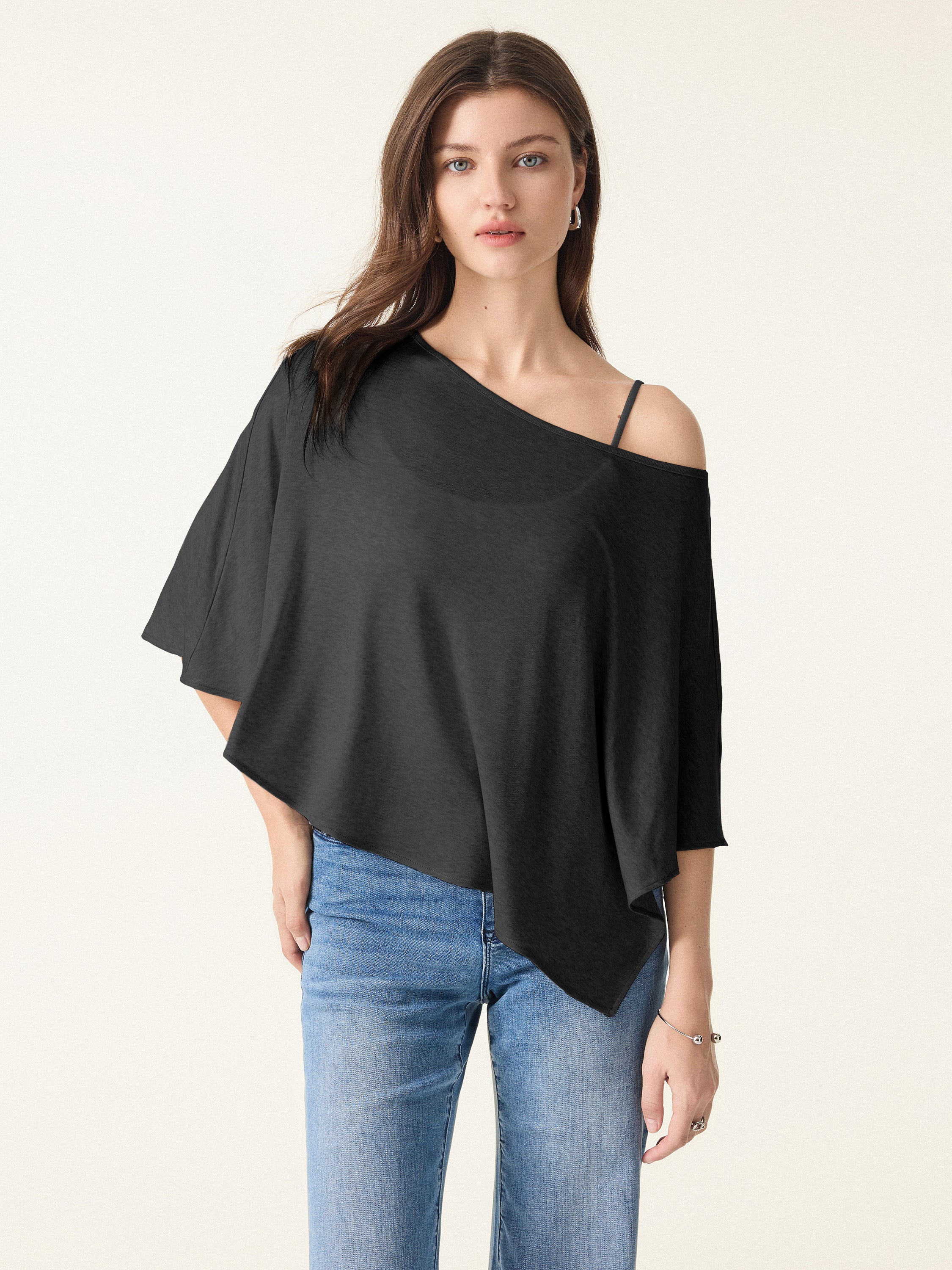 Lyocell Wool Semi-sheer Cape-style Top