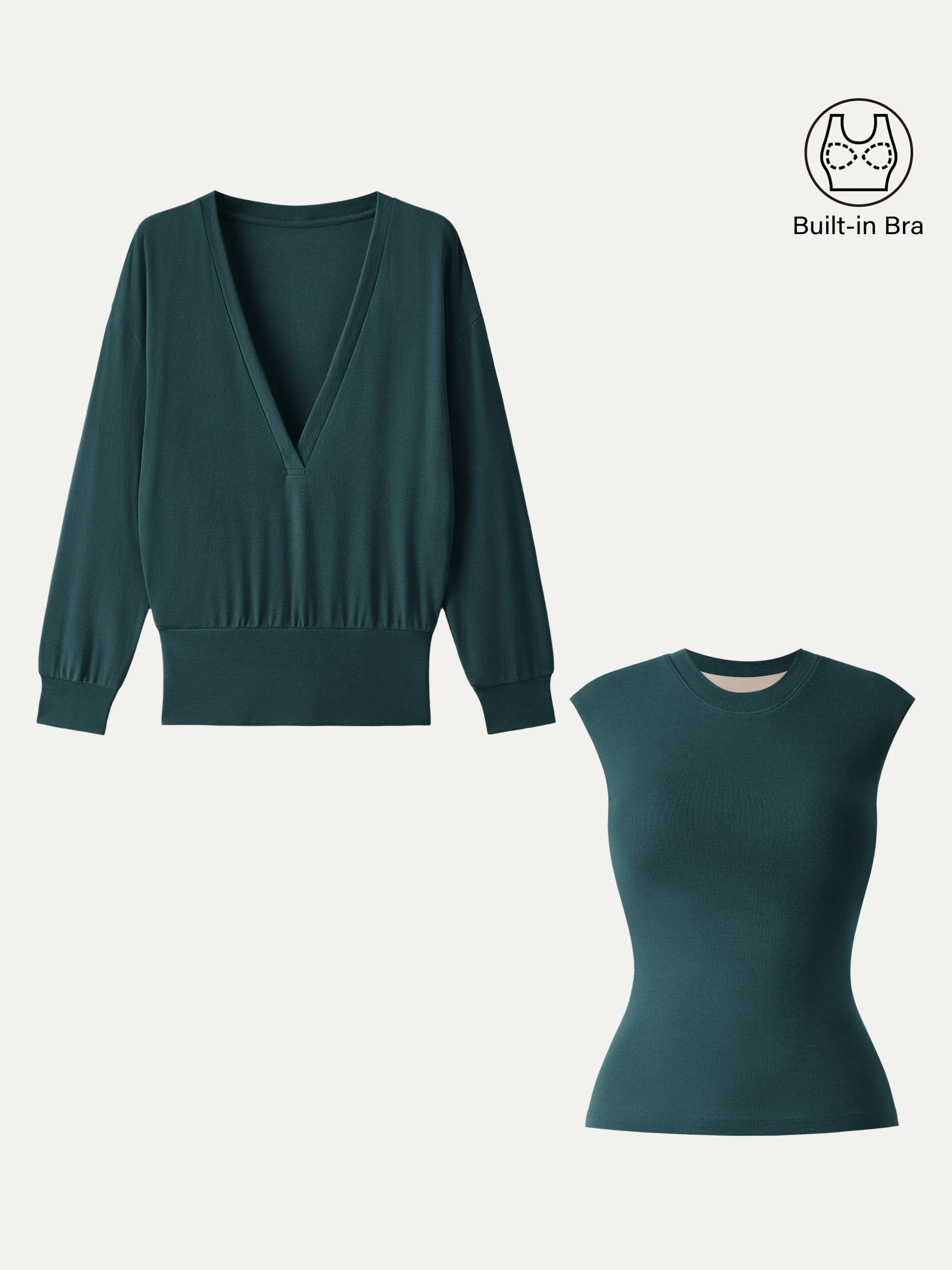 2Pcs Set Lyocell Cashmere V-neck Drop Shoulder Top & Crew Neck Wide Shoulder Brami