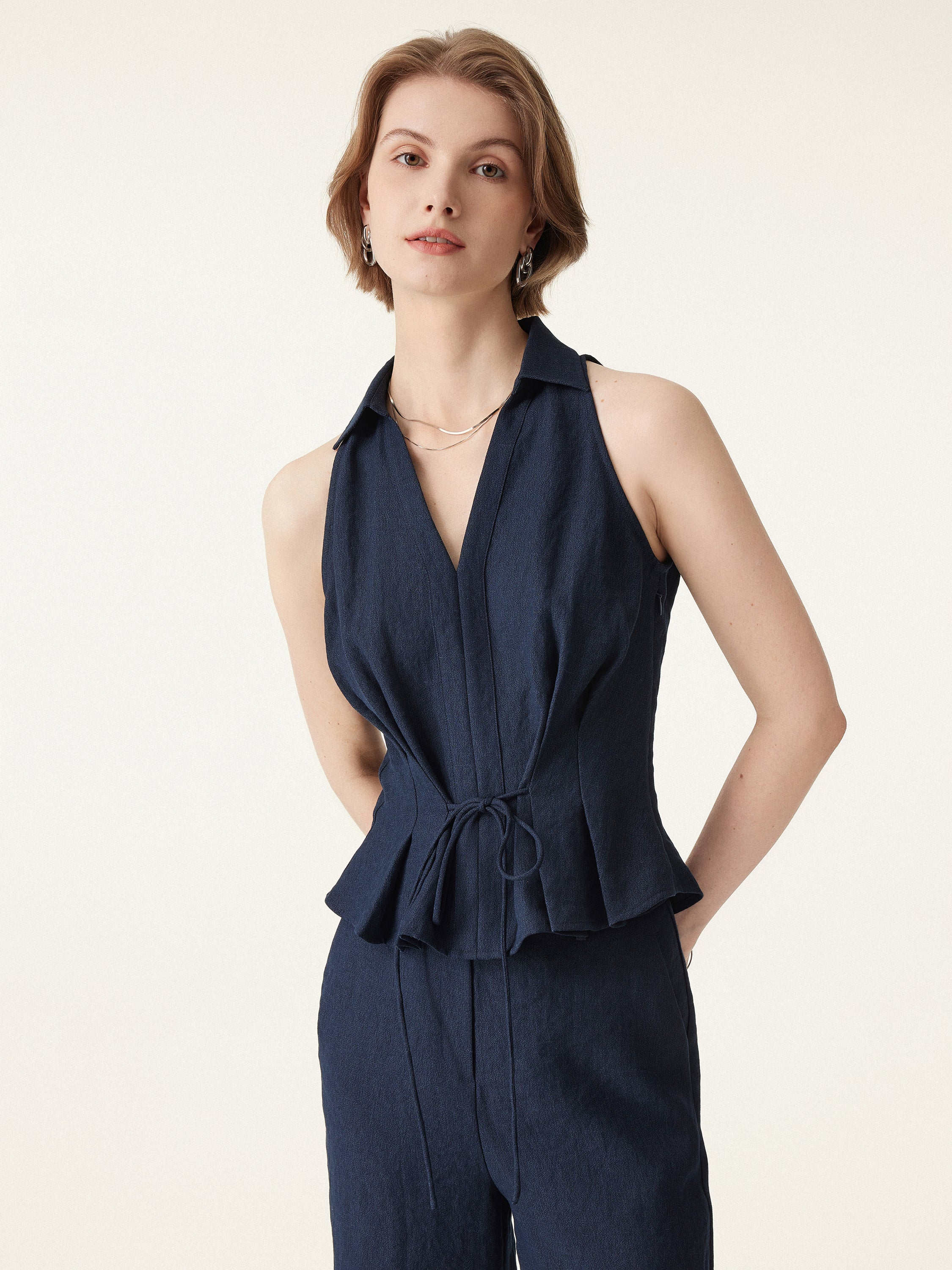 Collared V-neck Pleated Sleeveless Top with Drawstring