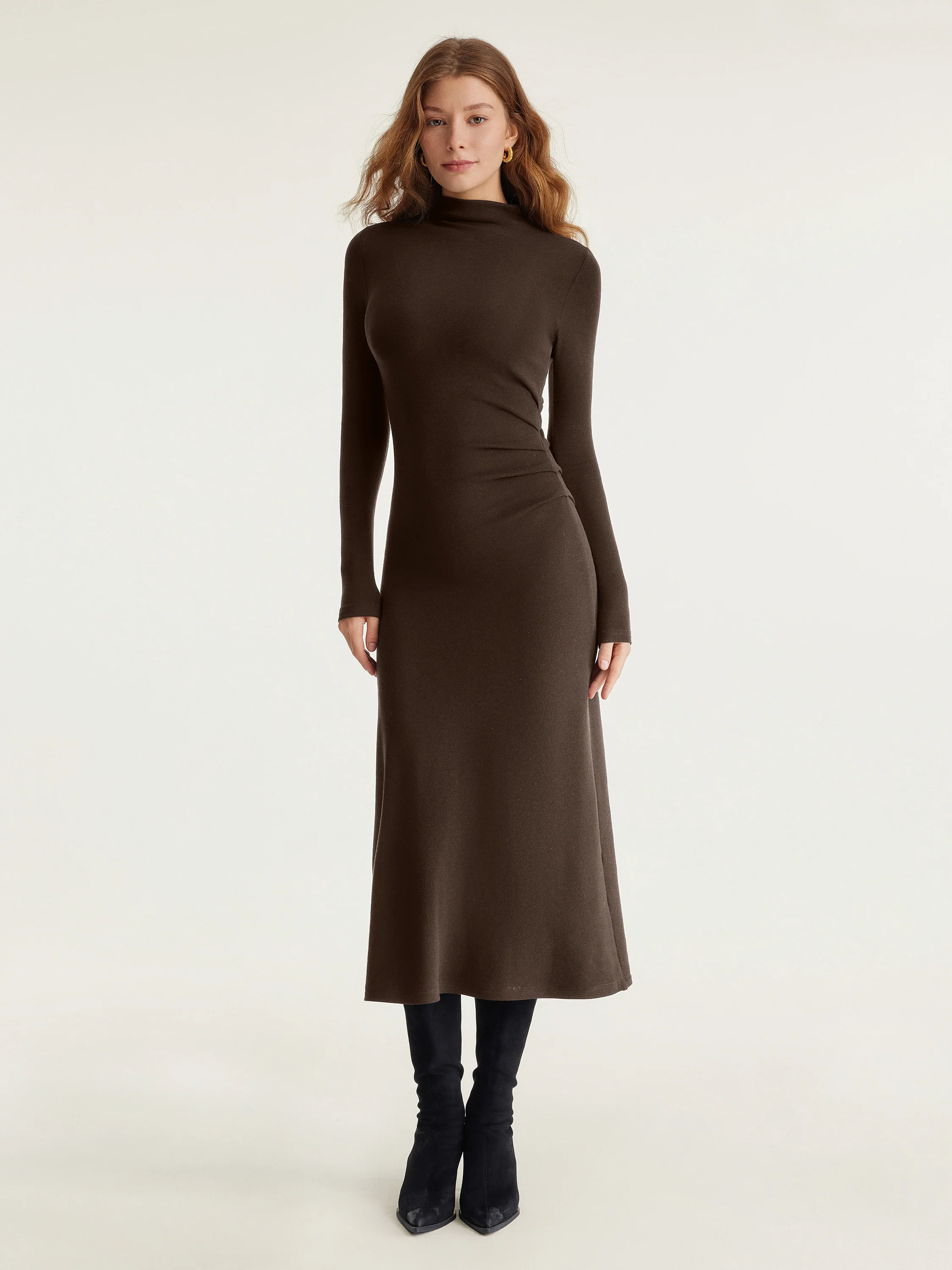 Heat Long Sleeves Mock - neck Tucked Midi Dress