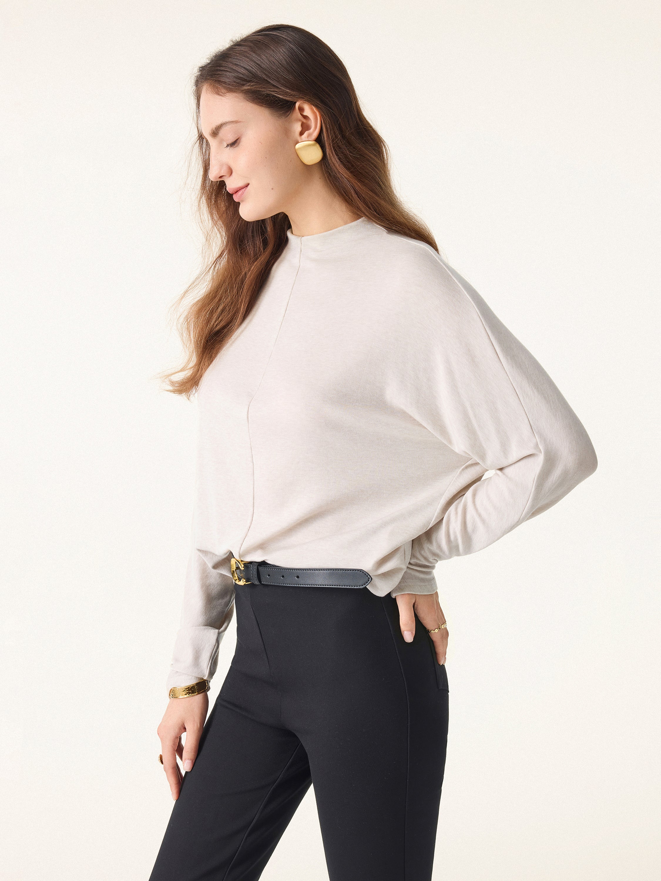 Lyocell Cashmere Relaxed Mockneck Batwing Sleeve Top