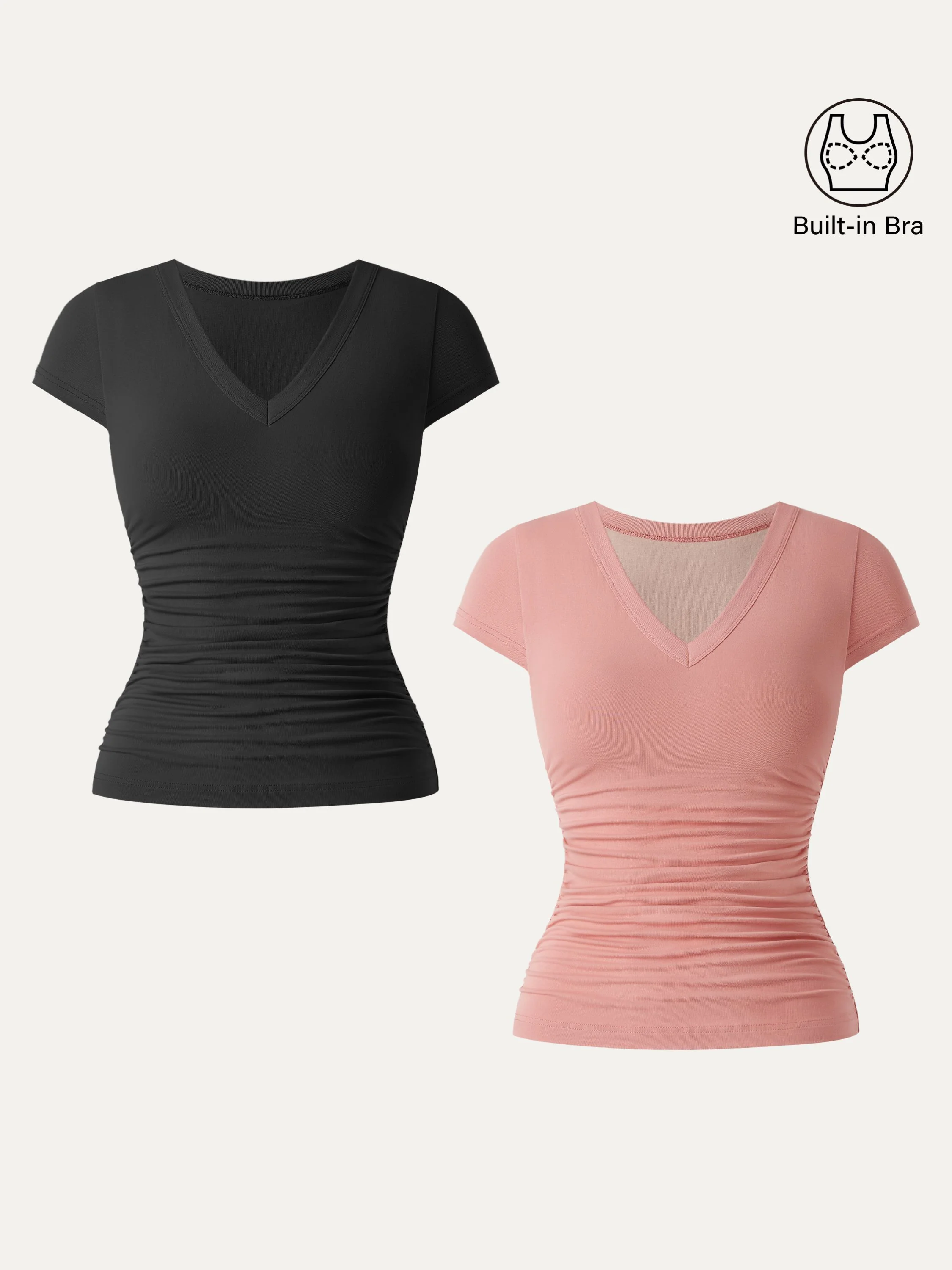 2-Piece Set Elevated V-Neck Side-Ruched Cap-Sleeve Bra Tee