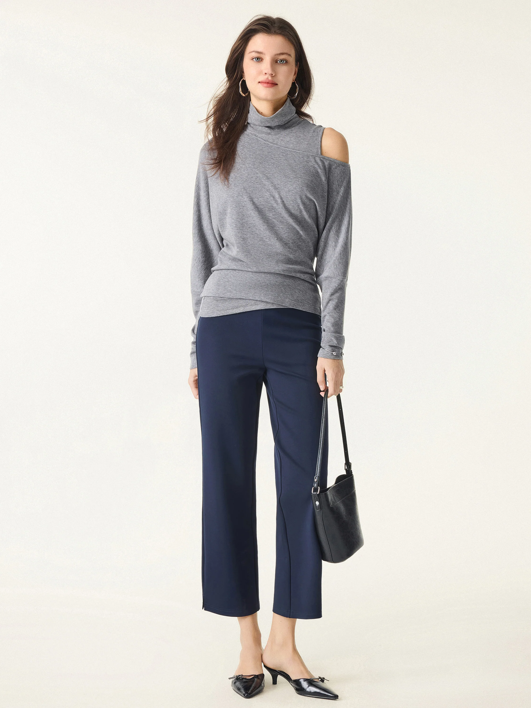 2Pcs Set Lyocell Cashmere Cold-Shoulder Semi-Sheer Top & Turtleneck Brami Tank