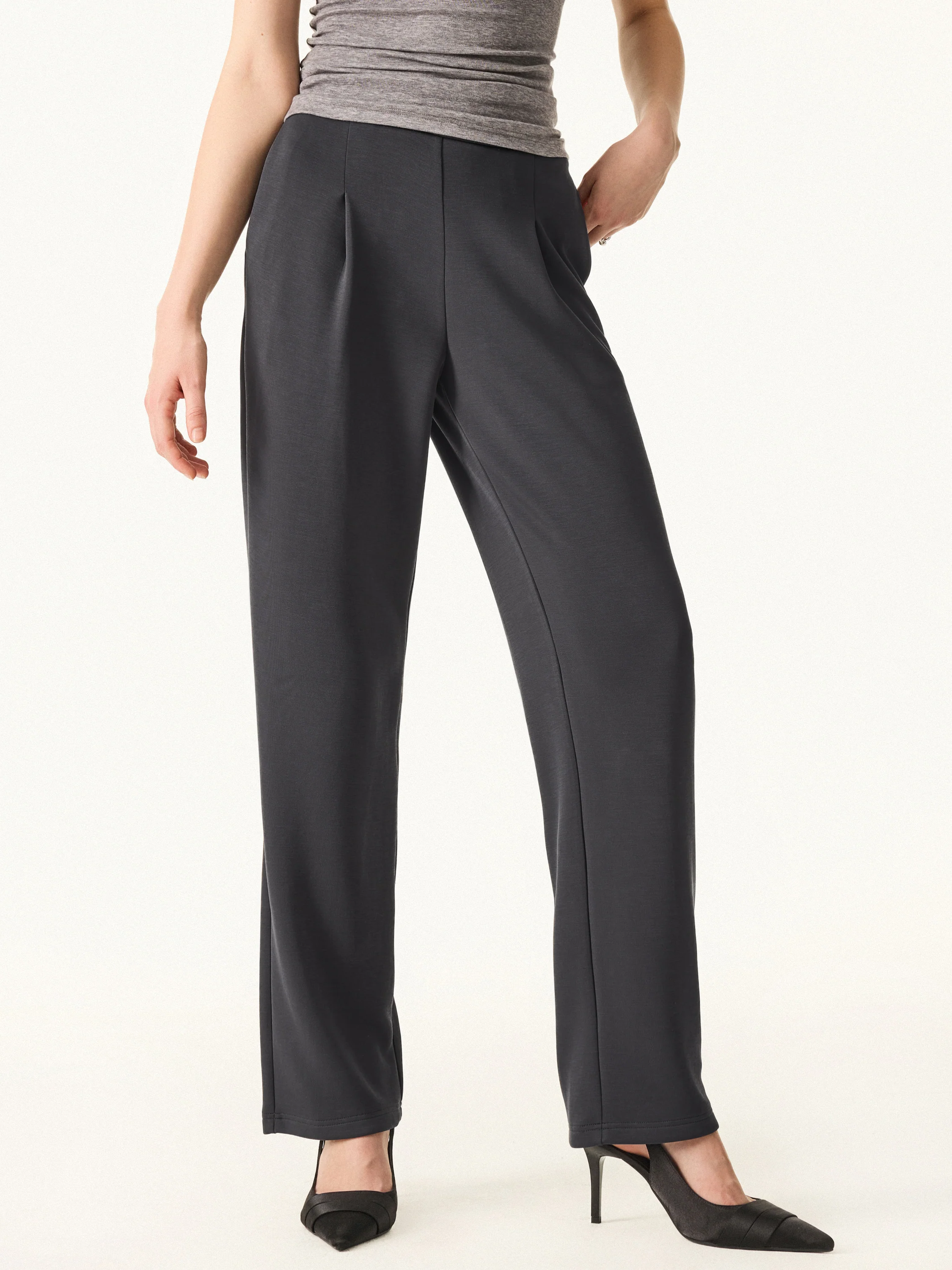 2Pcs Set Crewneck 3/4 Sleeve Top & Mid Rise Straight Leg Pull-on Trousers with Pockets