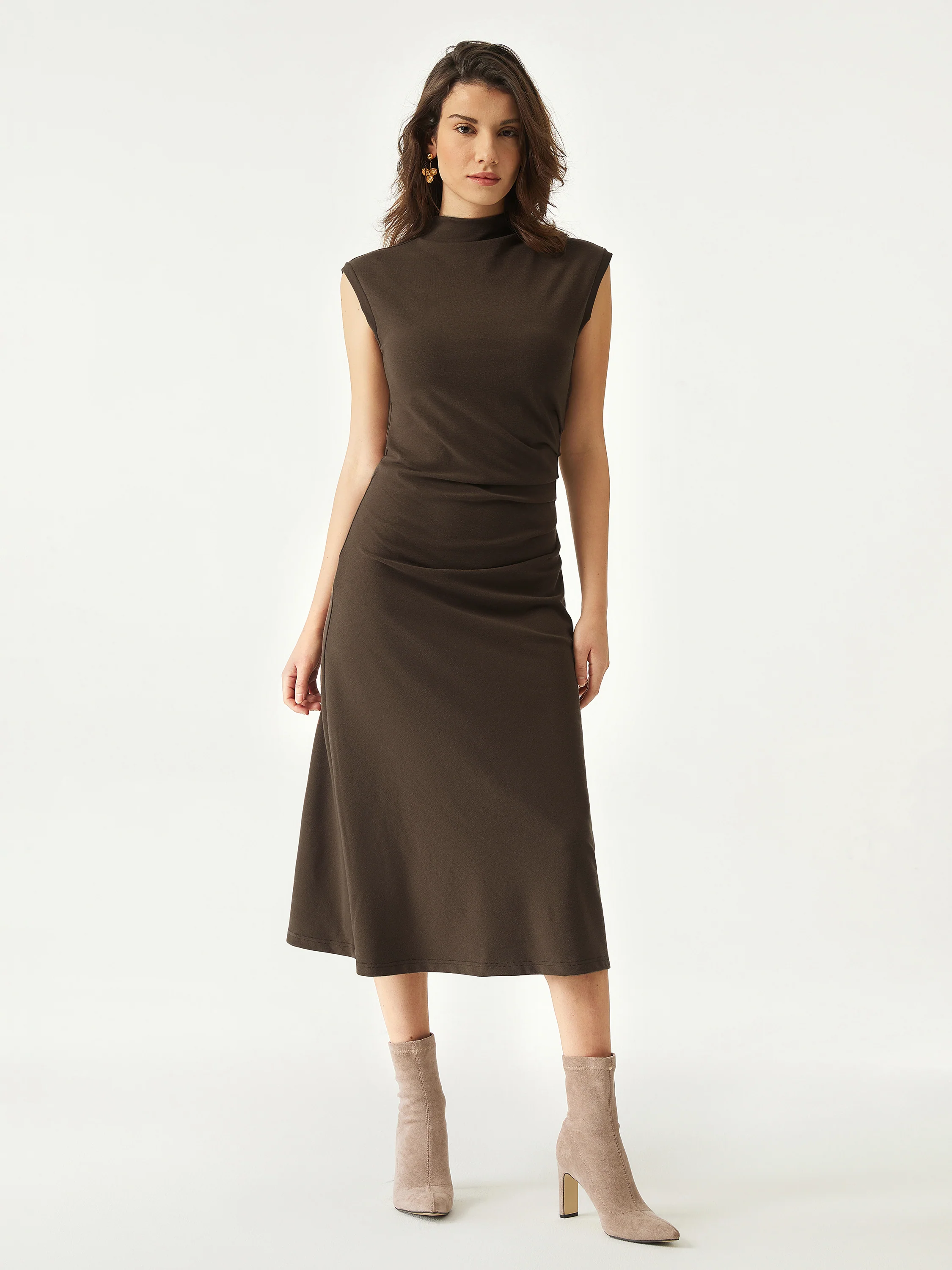 Mock Neck Tucked Midi Dress