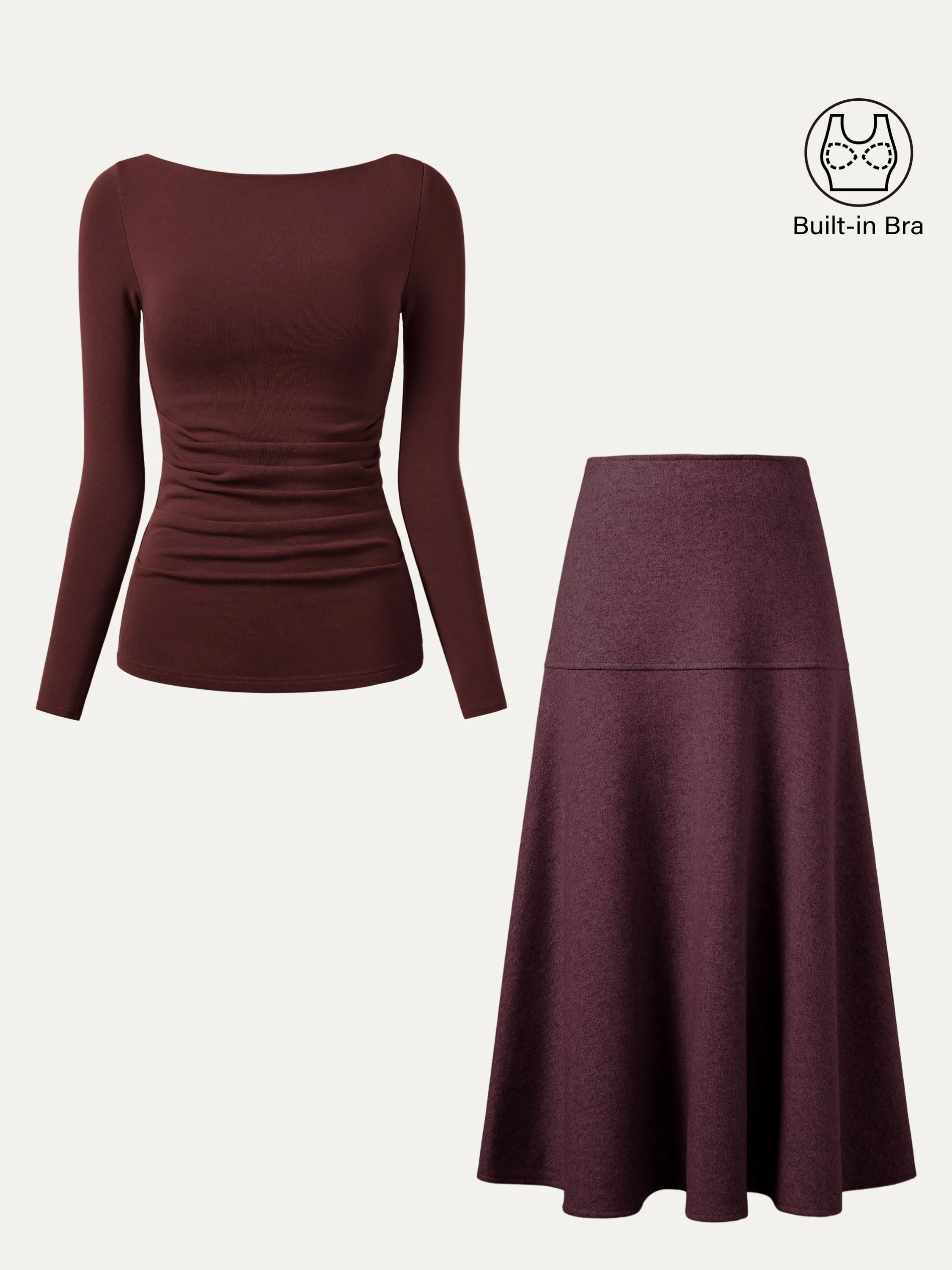 2-Piece Set: Boatneck Tucked Bra Top & Flared Maxi Skirt