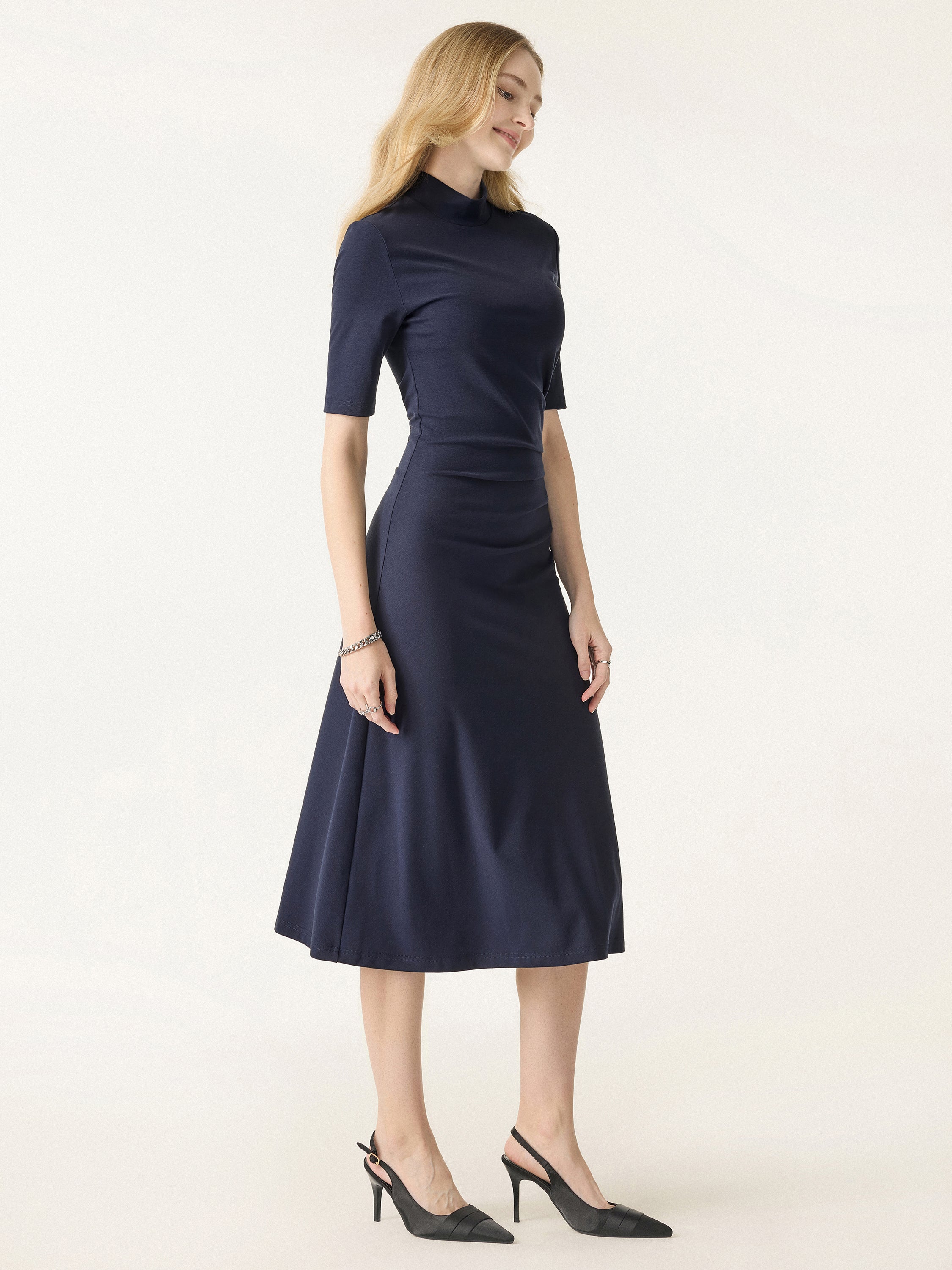 Mock Neck Elbow-Length Sleeve Tucked Mid-Length Dress