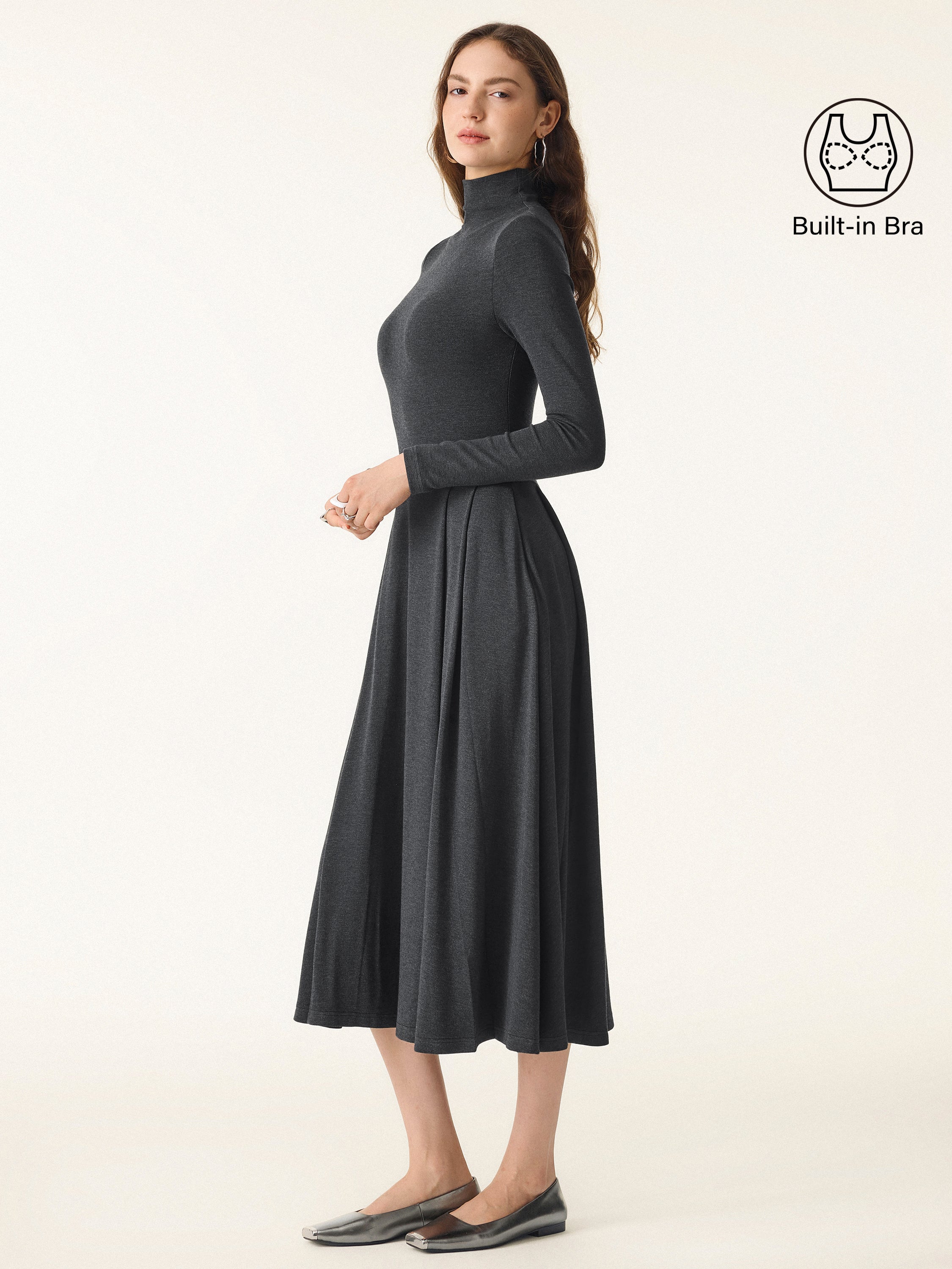Light Warm Mockneck Pleated Midi Brami Dress with Pockets