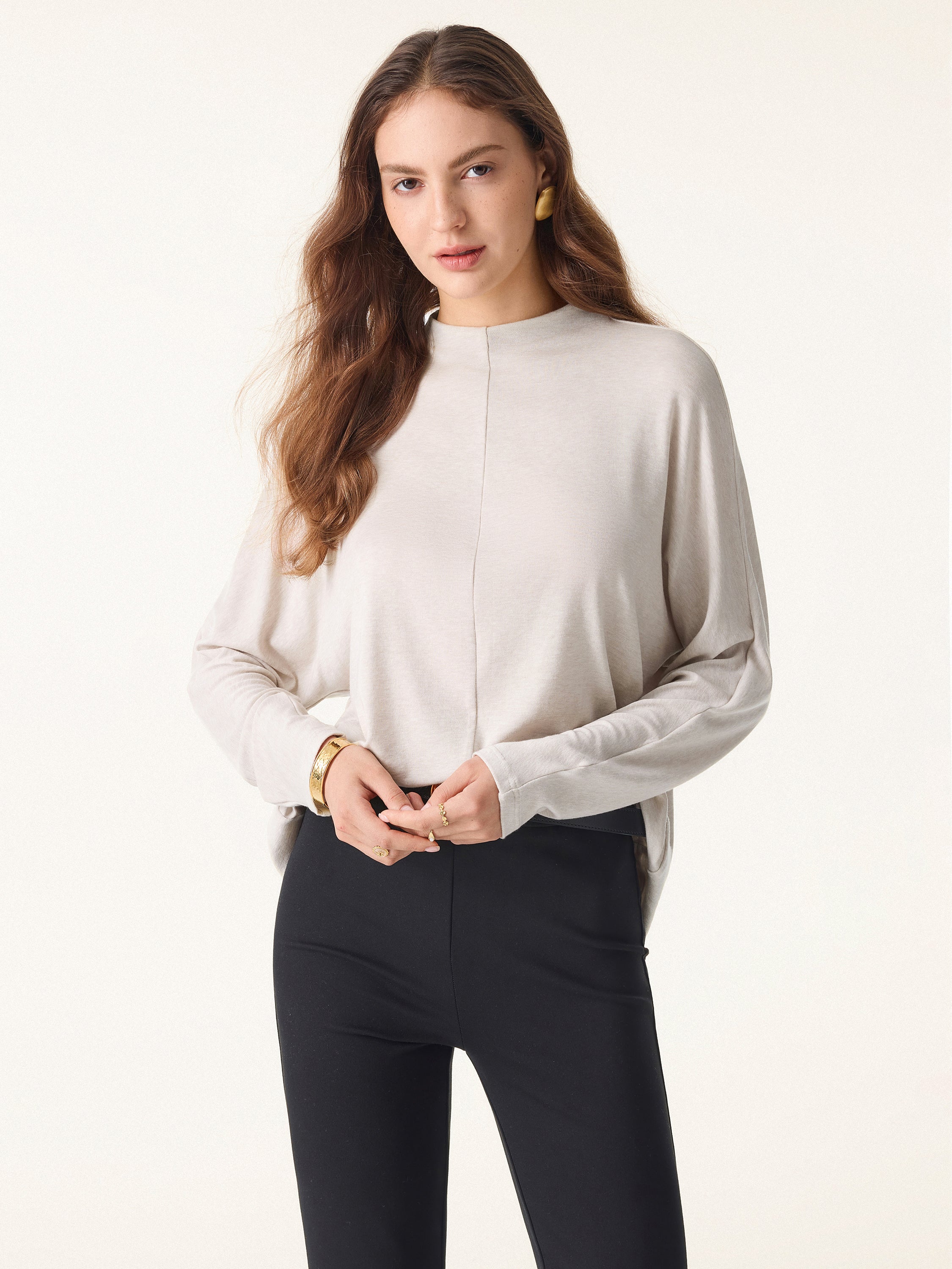 Lyocell Cashmere Relaxed Mockneck Batwing Sleeve Top