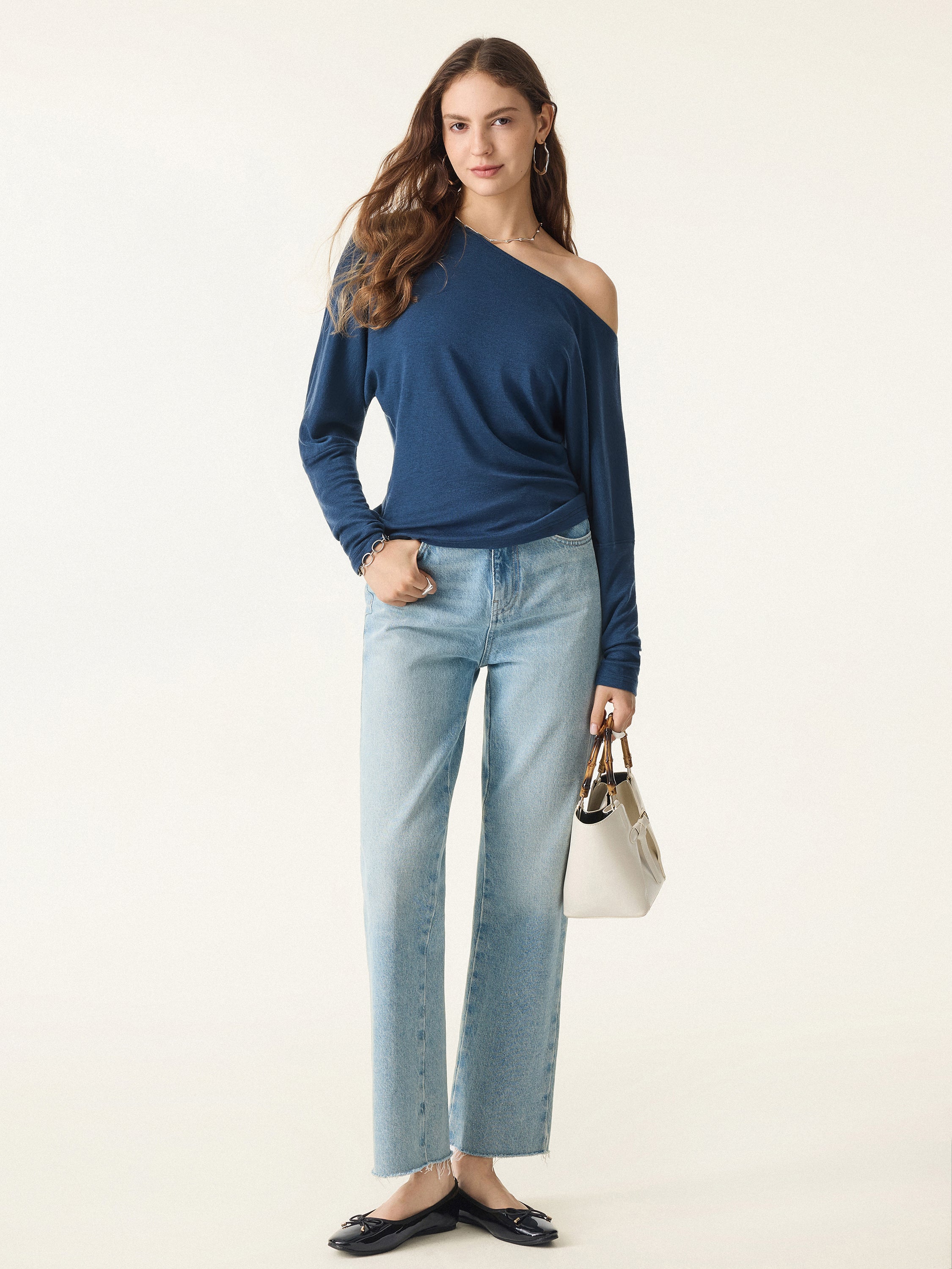 Lyocell Cashmere Cold-Shoulder Semi-Sheer Top