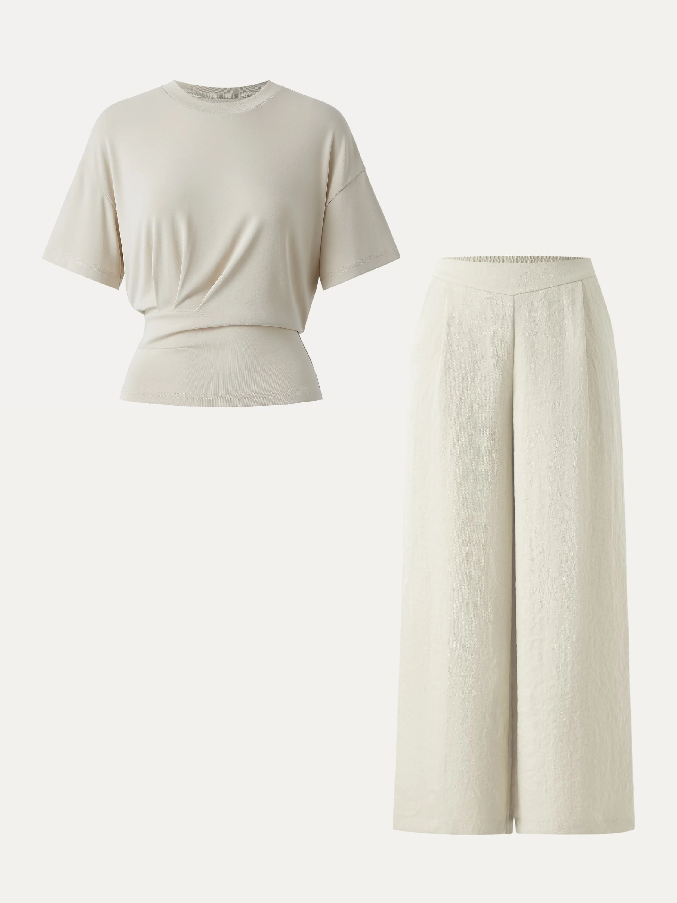 2Pcs Set Sandwashed Crewneck Short Sleeve Tee & Linen Mid Rise Wide Leg Pant with Pockets