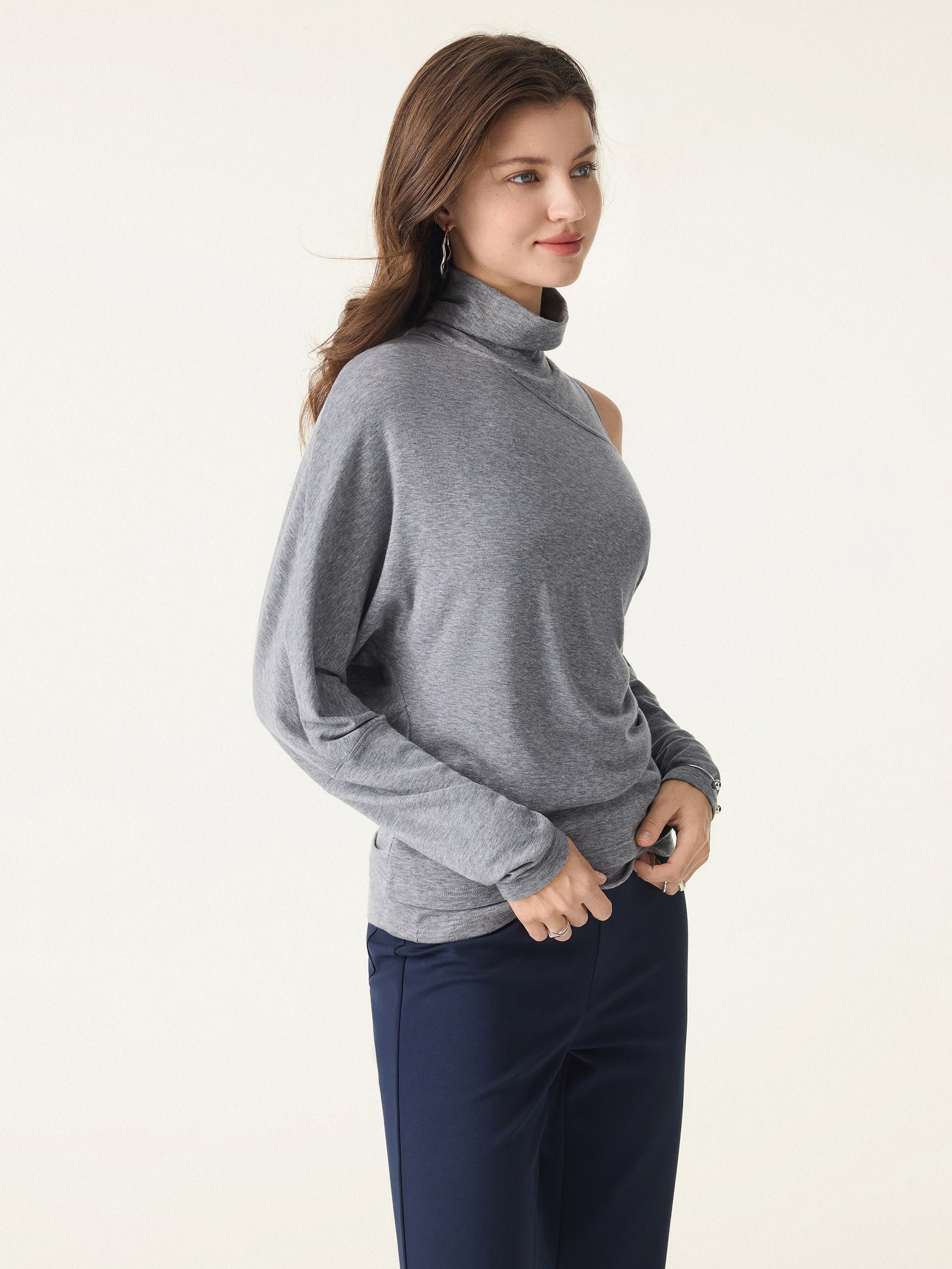 2Pcs Set Lyocell Cashmere Cold-Shoulder Semi-Sheer Top & Turtleneck Brami Tank