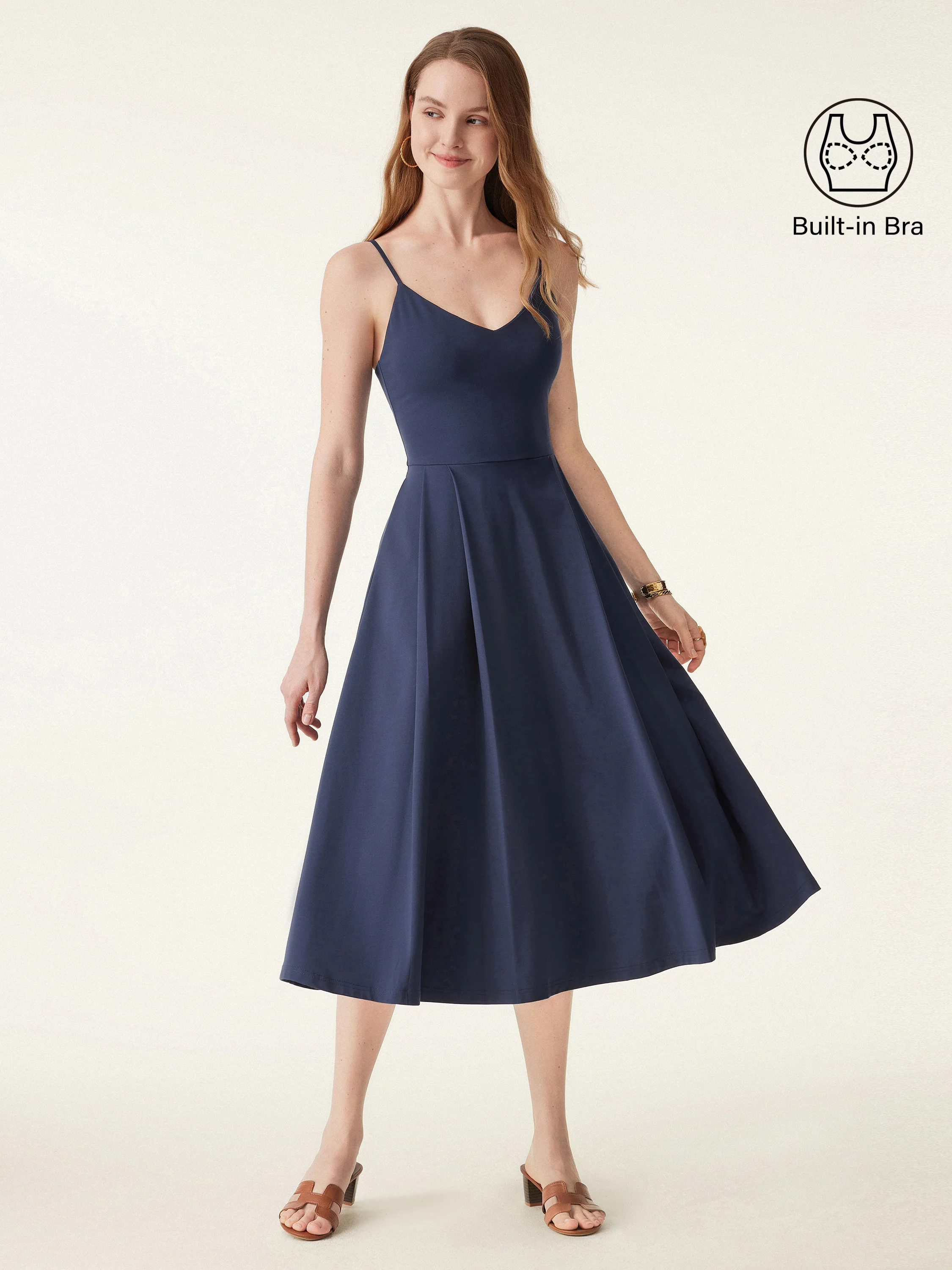 Bamboo Ponte V-neck Fit-and-flare Midi Sundress with Pockets