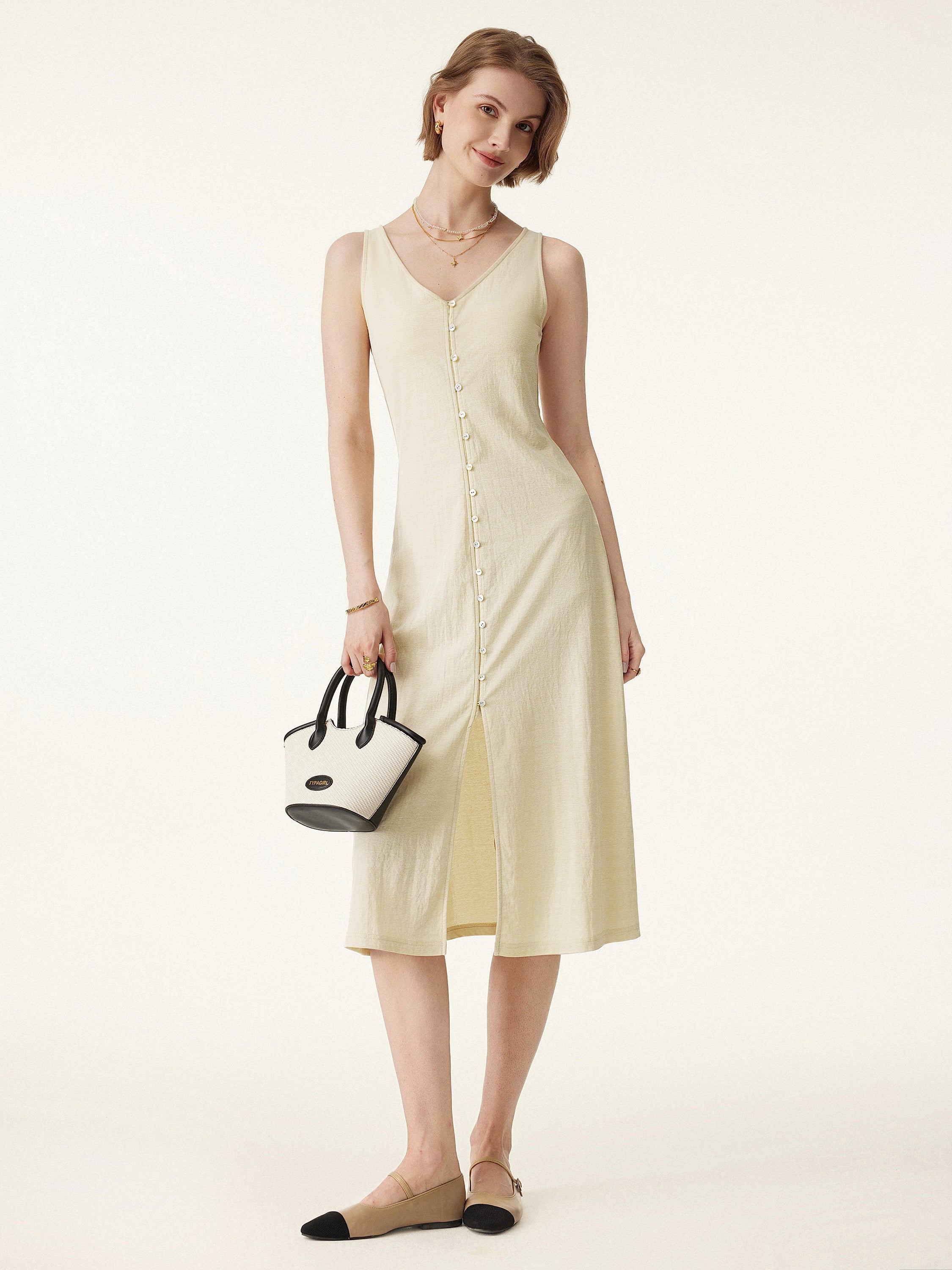 Multi-wear V-neck Button Front Midi Vest Dress