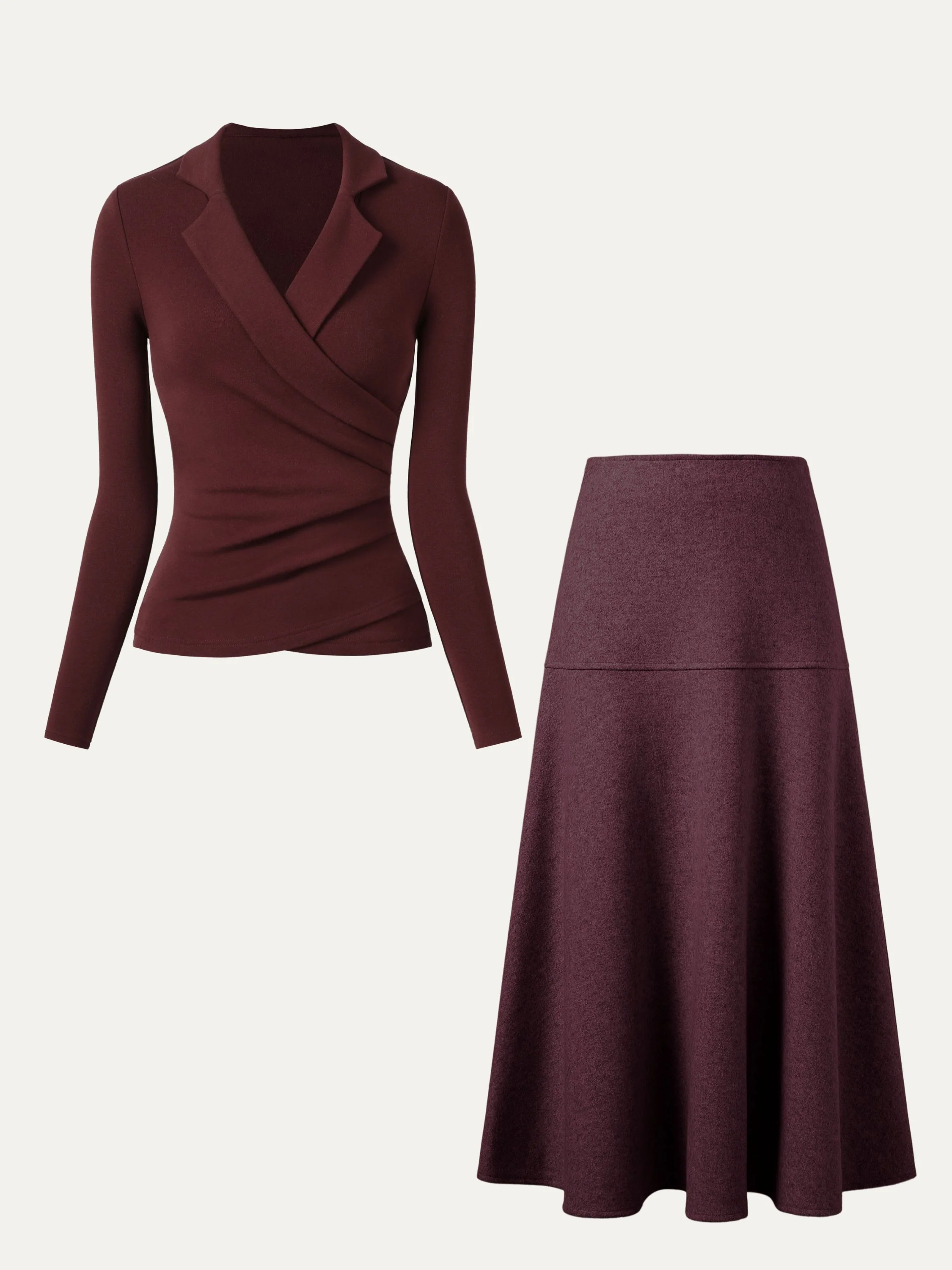2-Piece Set: Collared Surplice Top and Flared Maxi Skirt