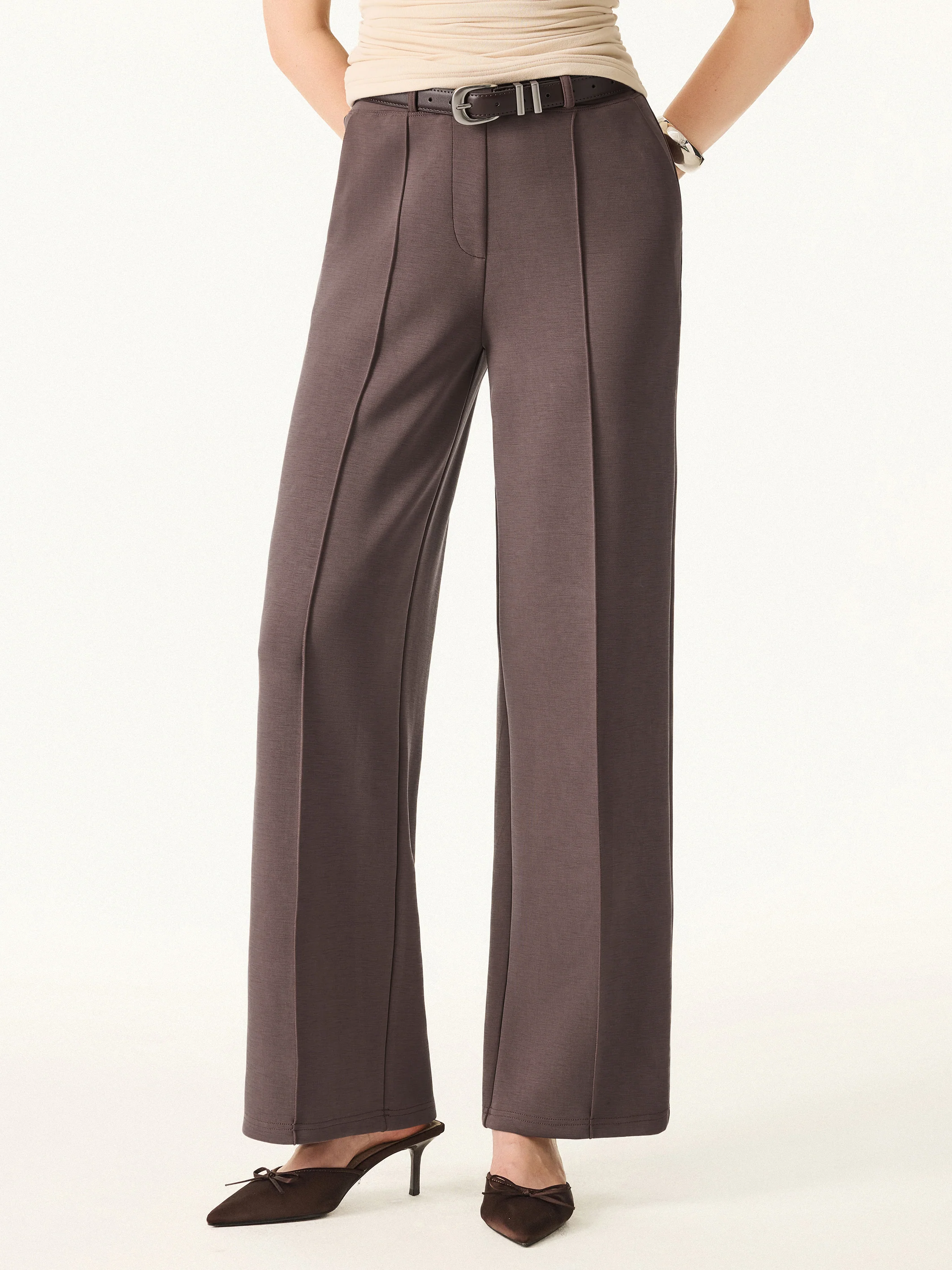 Wrinkle-Resistant Mid Rise Straight Leg Pants with Pockets