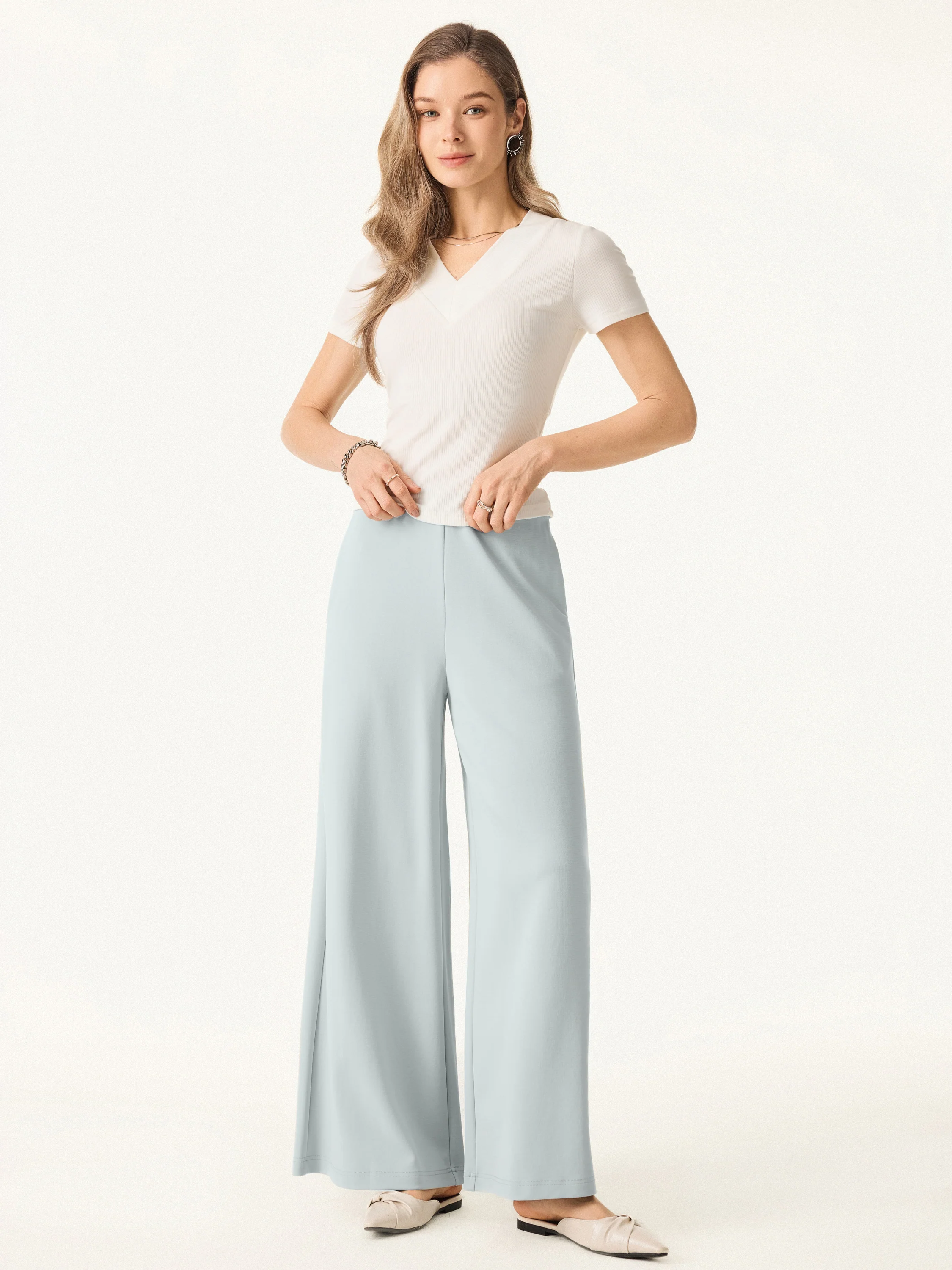 Wrinkle-Resistant Mid Rise Wide Leg Pull-on Pants with Pockets