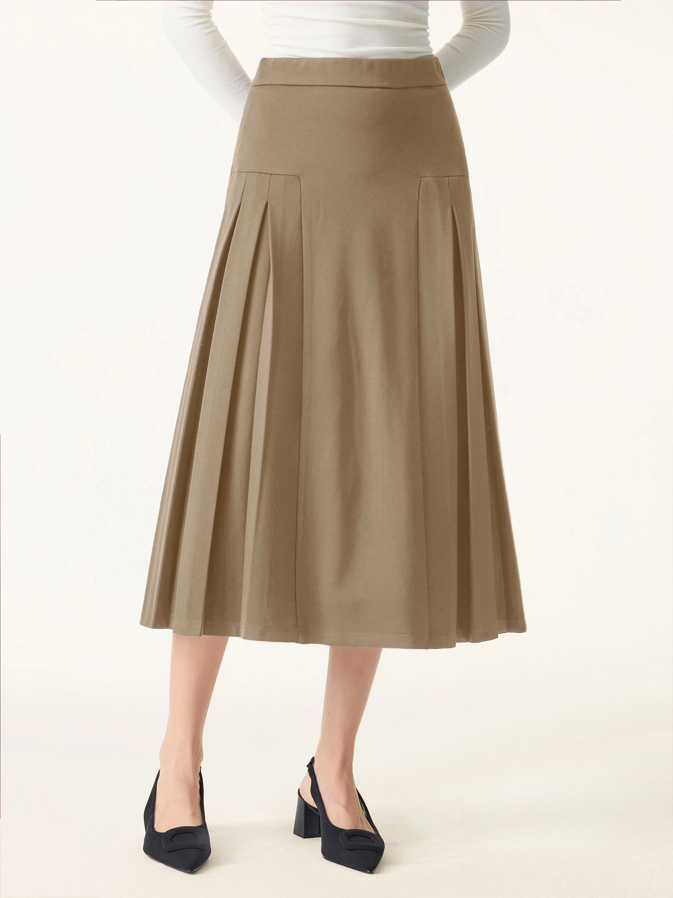 Stretch Ponte Pleated A-line Midi Fitted Skirt