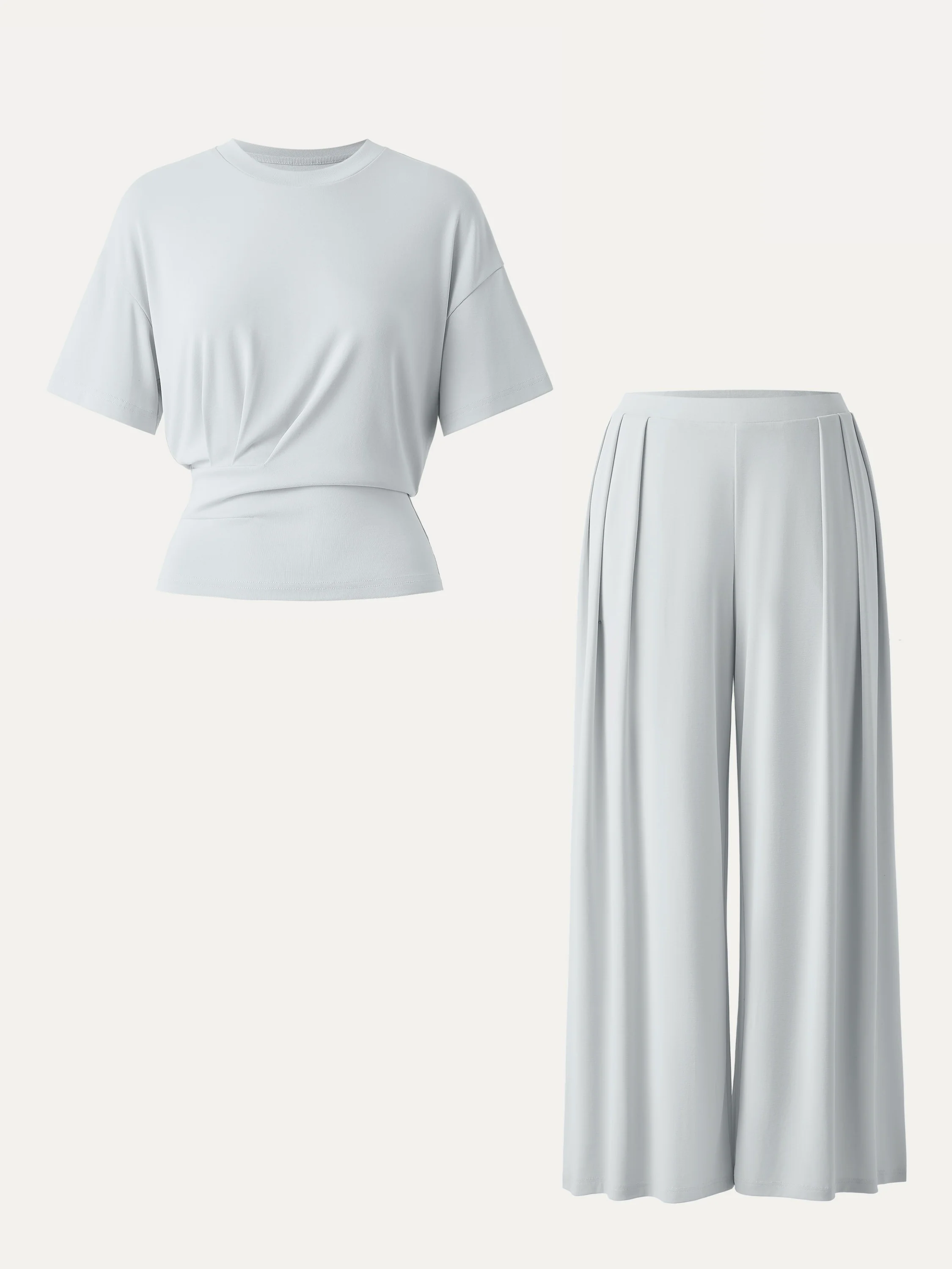 2Pcs Set Sandwashed Crewneck Tee & Mid Rise Pleated Wide Leg Pants with Pockets