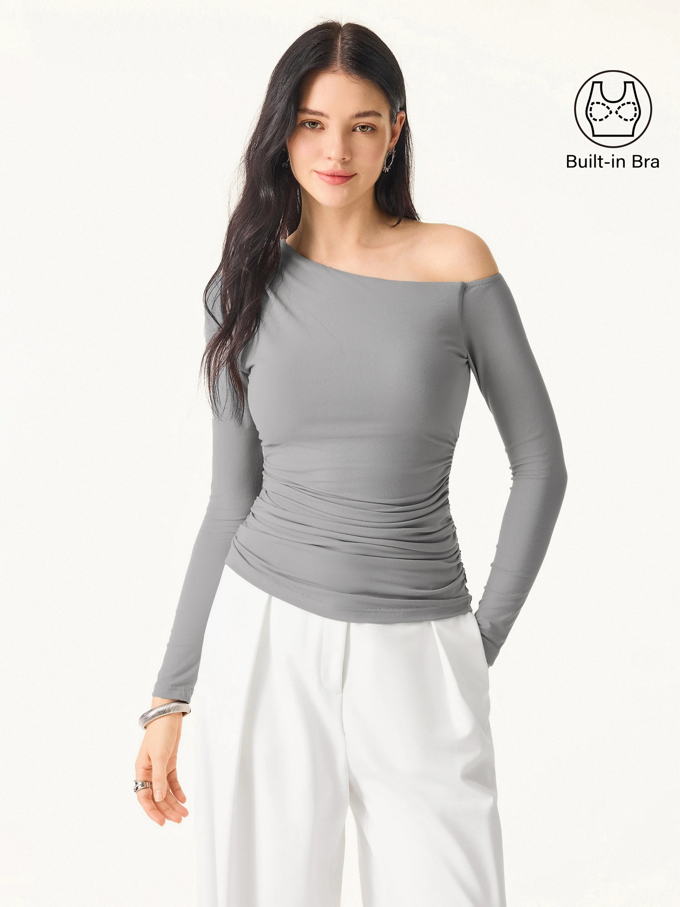 Asymmetrical Shoulders Long Sleeve Gathered Brami Top