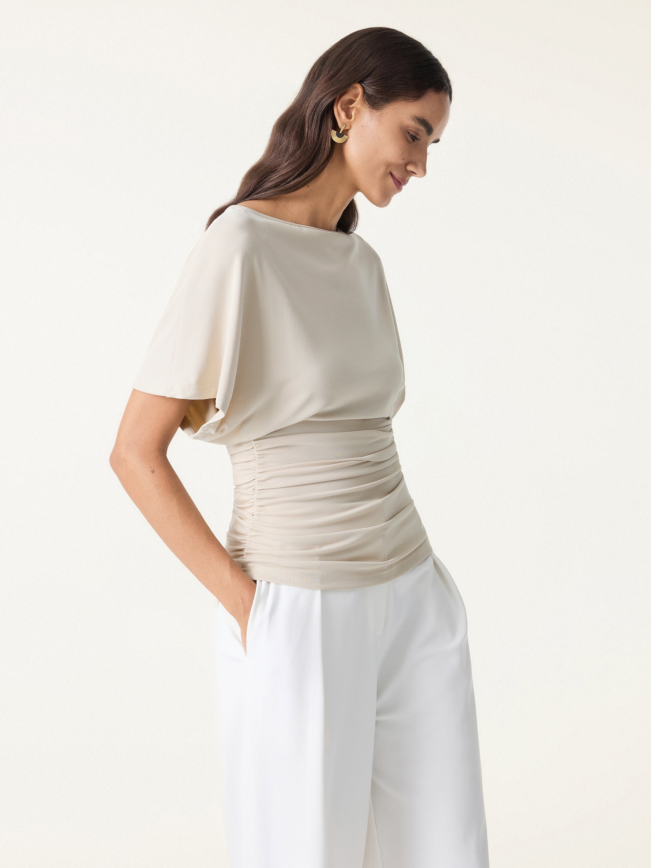 Easy Boatneck Batwing Sleeve Side Ruched Top