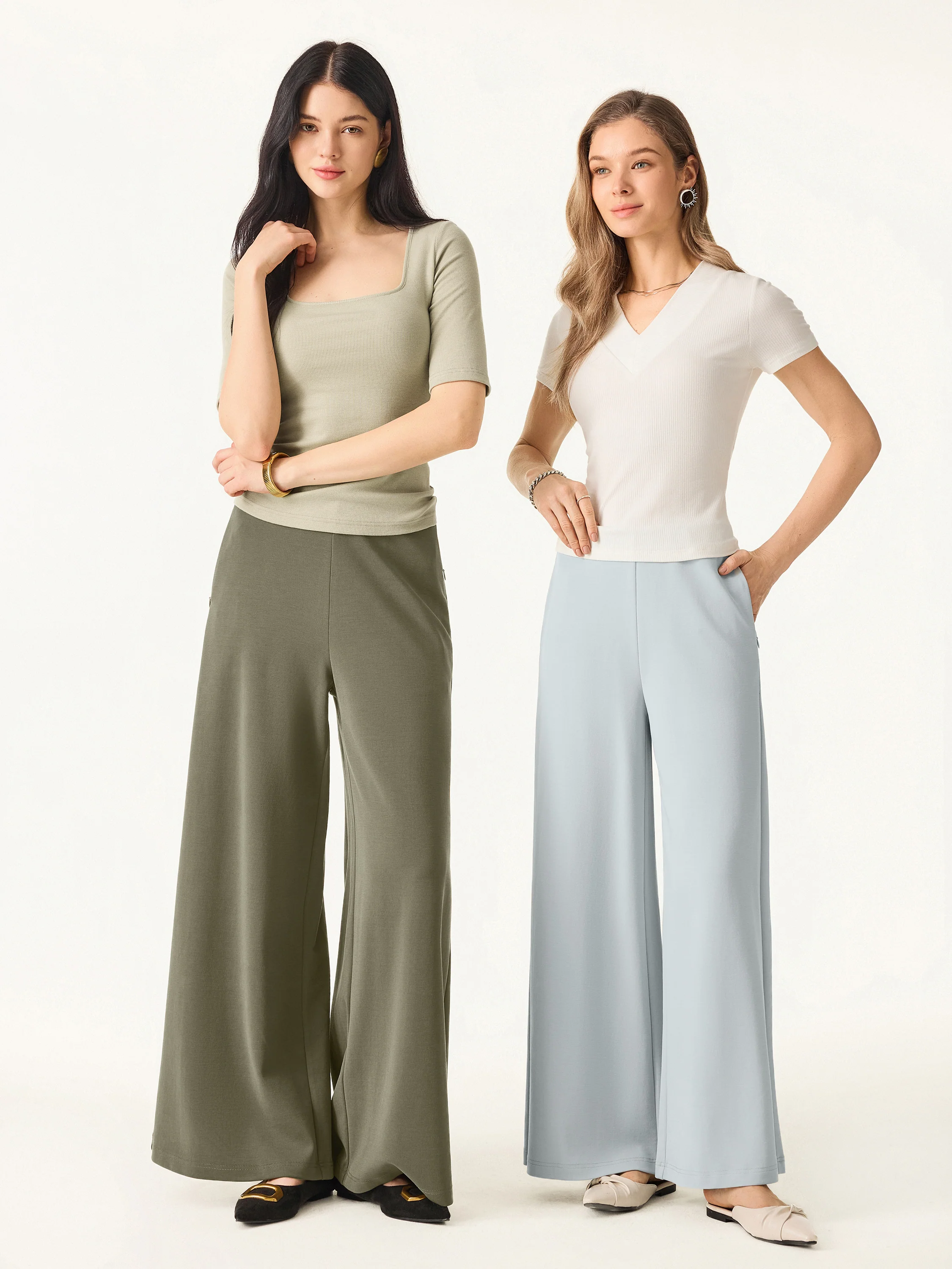 Wrinkle-Resistant Mid Rise Wide Leg Pull-on Pants with Pockets