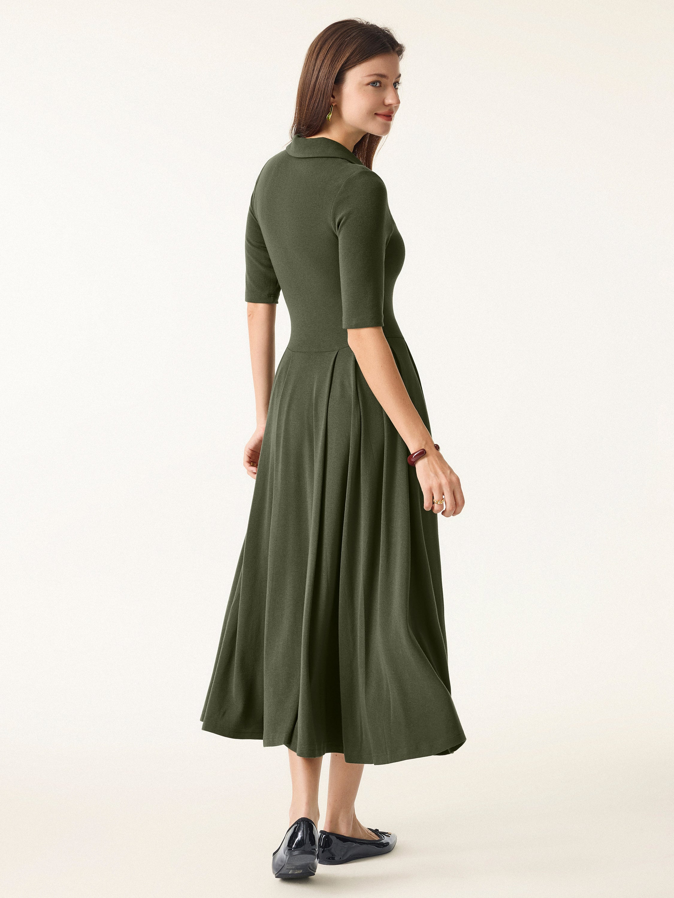 Polo Neck Elbow-Length Sleeve Midi Dress with Pockets