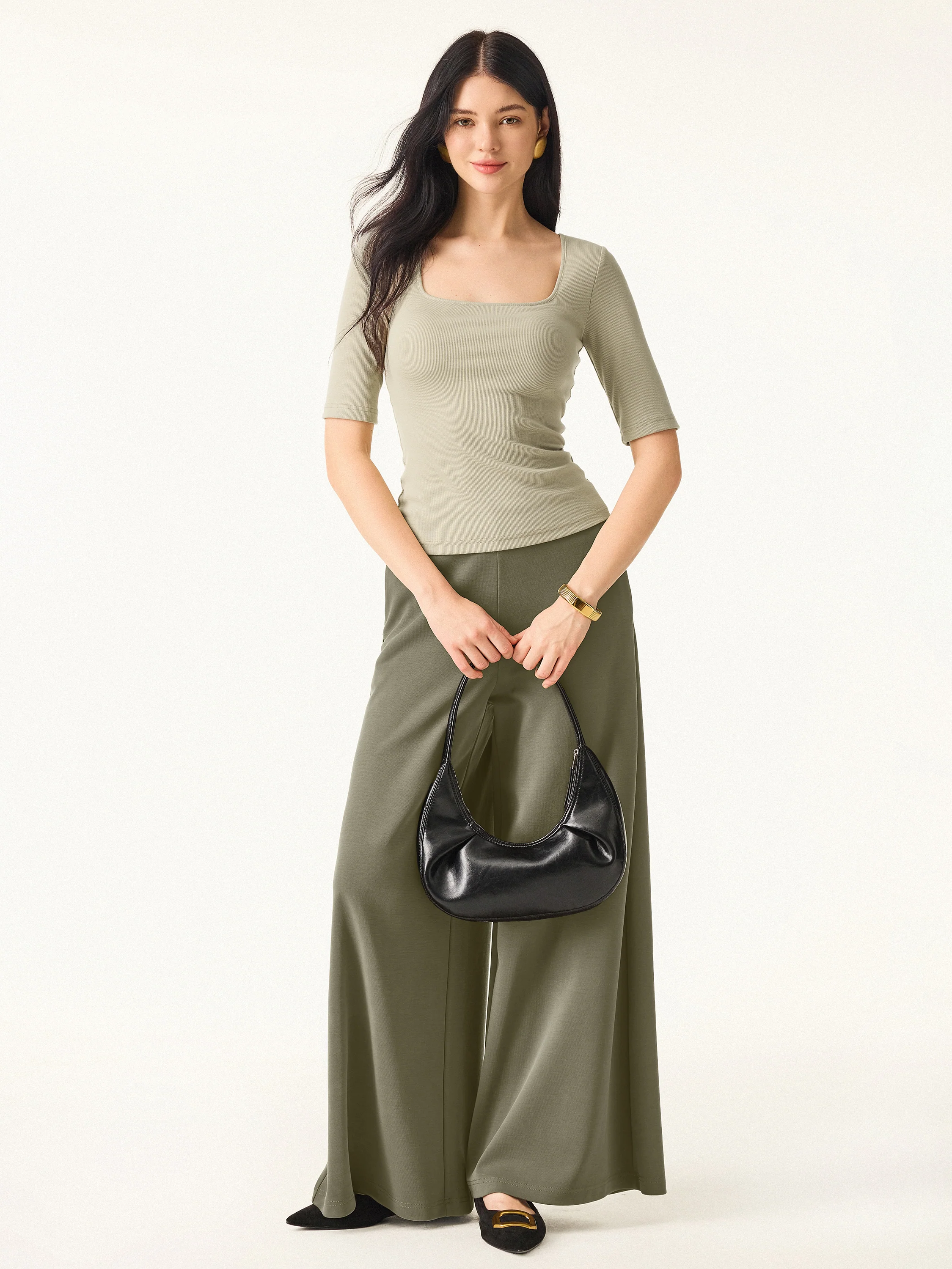 Essential Stretch Cotton Square Neck Elbow Length Sleeve Brami