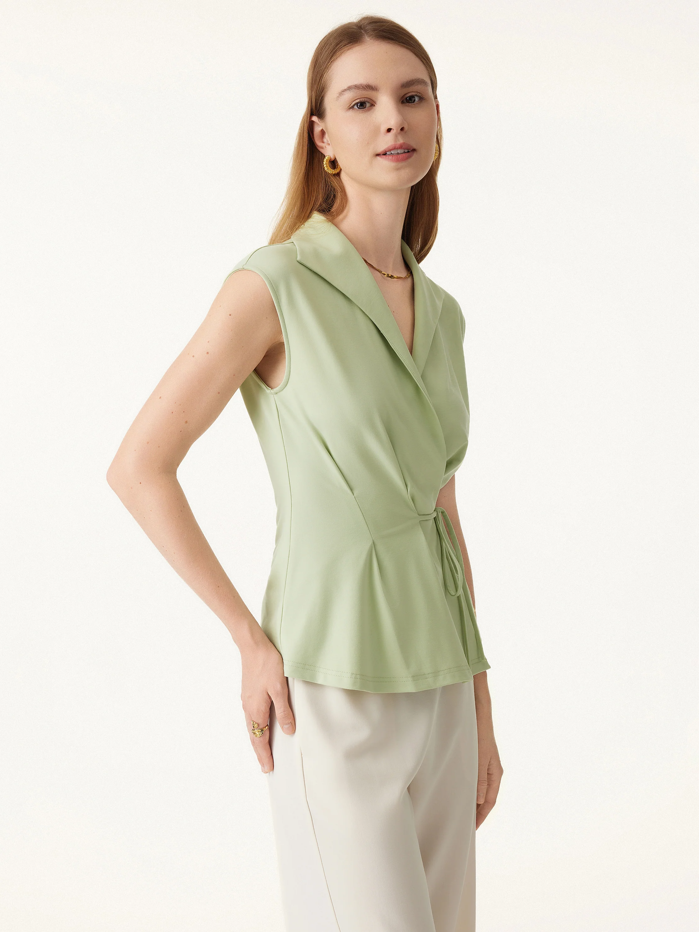 Cool Ponte Flap Collar Surplice Sleeveless Top with Drawstring Tie