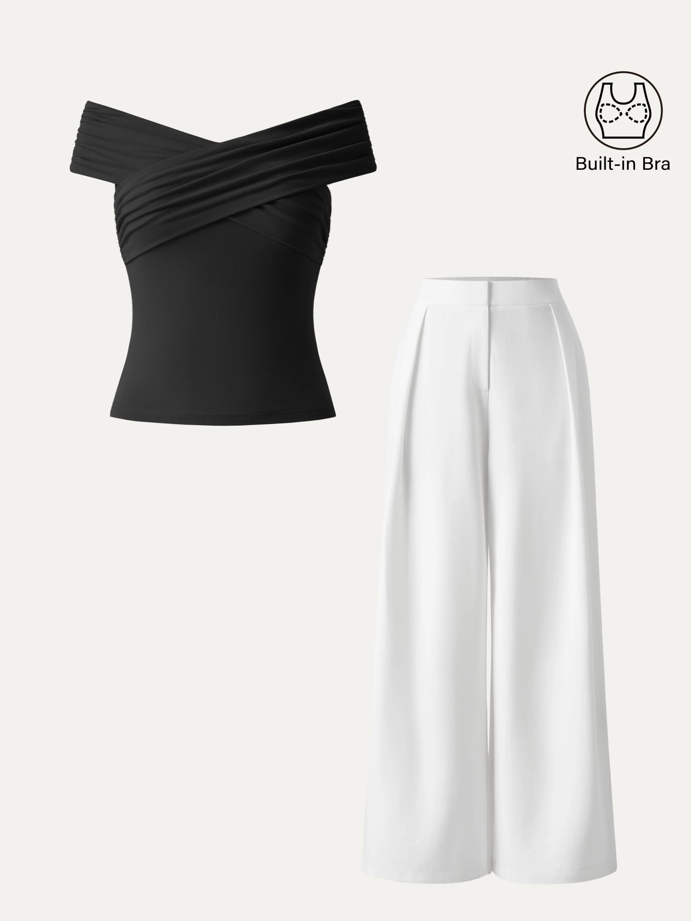 2Pcs Set Criss Cross Off Shoulder Brami & Mid Rise Pleated Trouser with Pockets