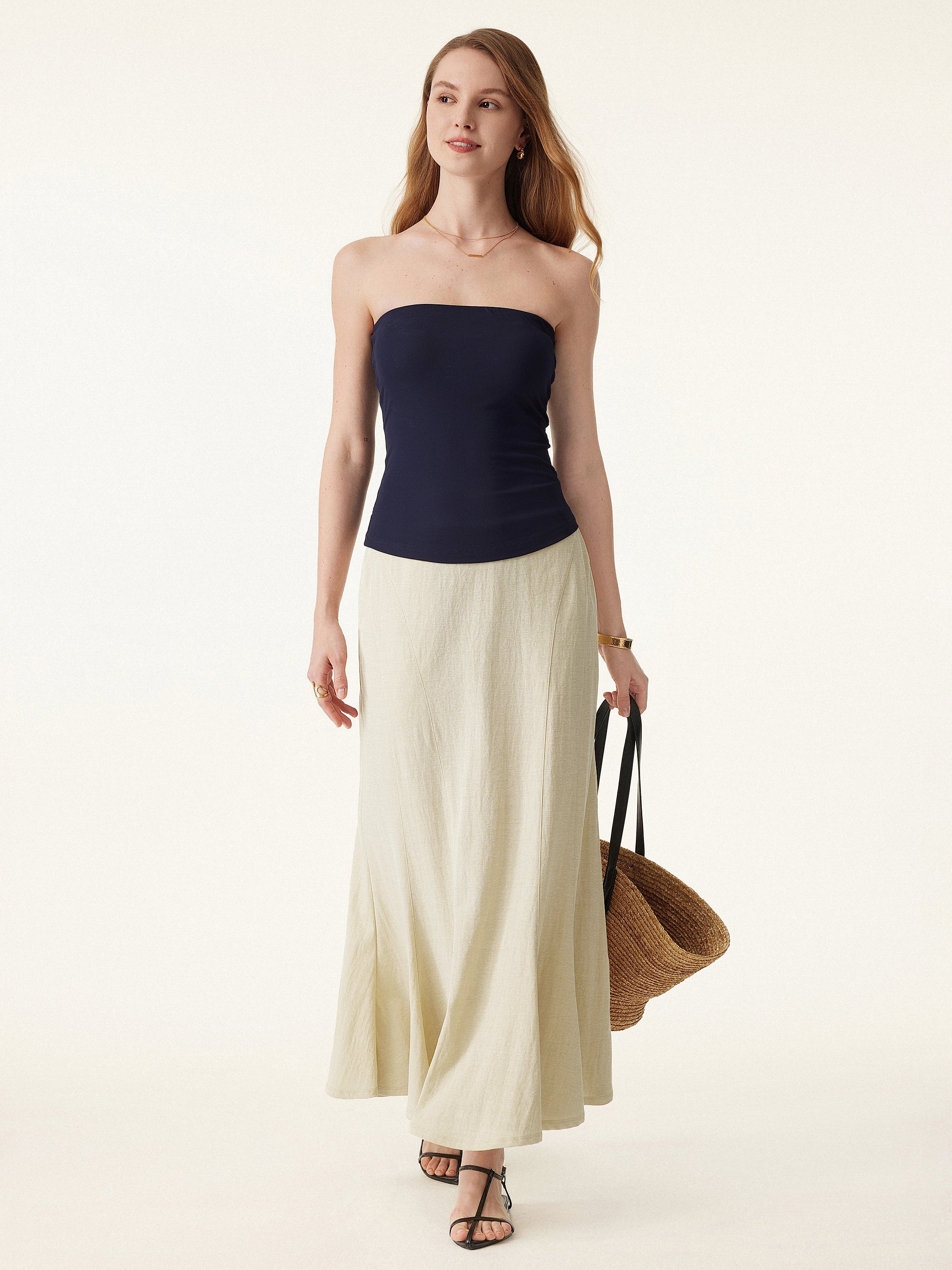 Wrinkle-resistant Cotton Linen Pull-on Midi Skirt