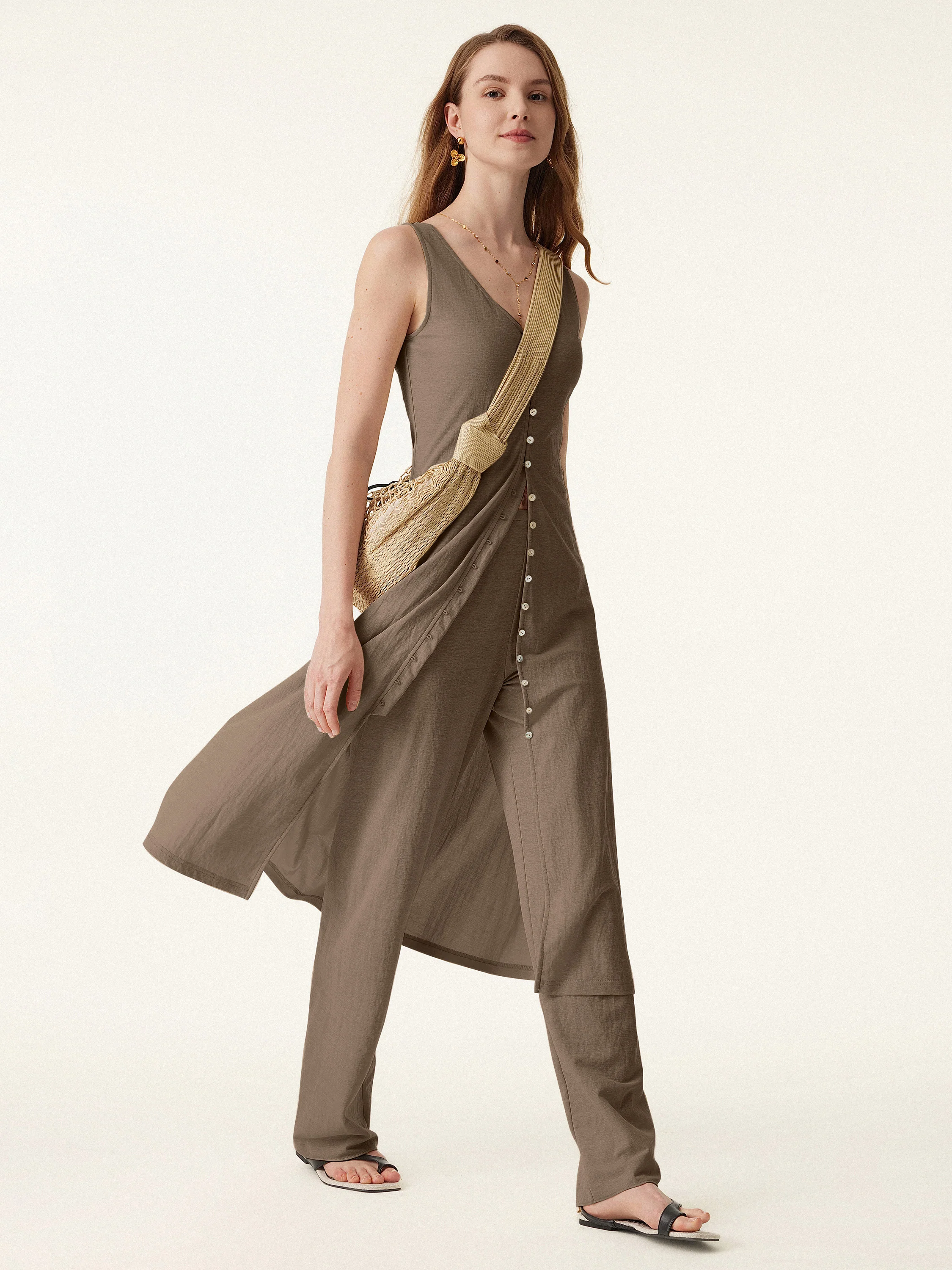 2 - Piece Set V - Neck Button - Front Midi Vest Dress and Mid - Rise Straight - Leg Pants