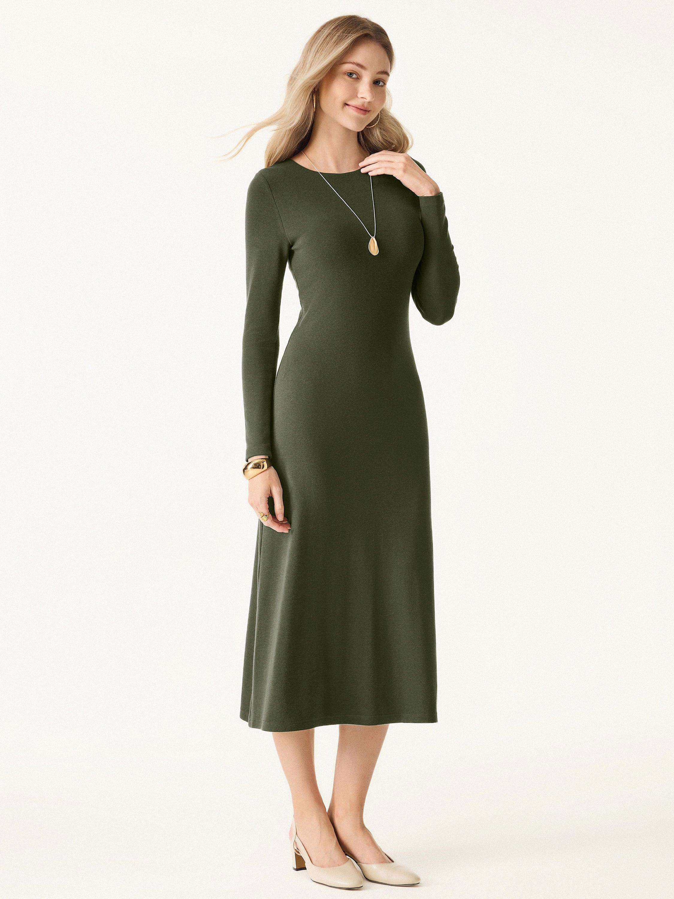 Essential Round Neck Long Sleeve Midi Brami Dress