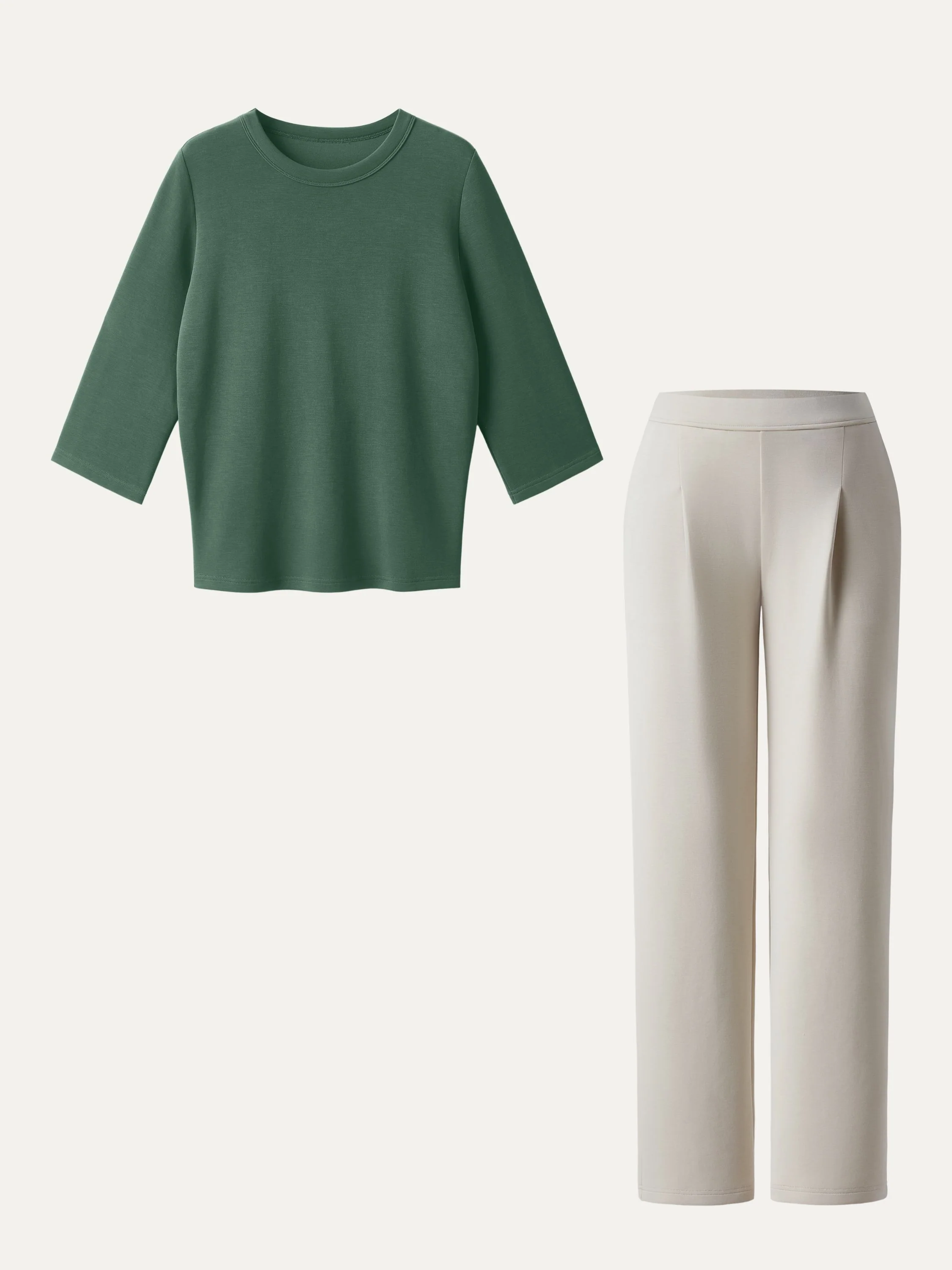 2Pcs Set Crewneck 3/4 Sleeve Top & Mid Rise Straight Leg Pull-on Trousers with Pockets