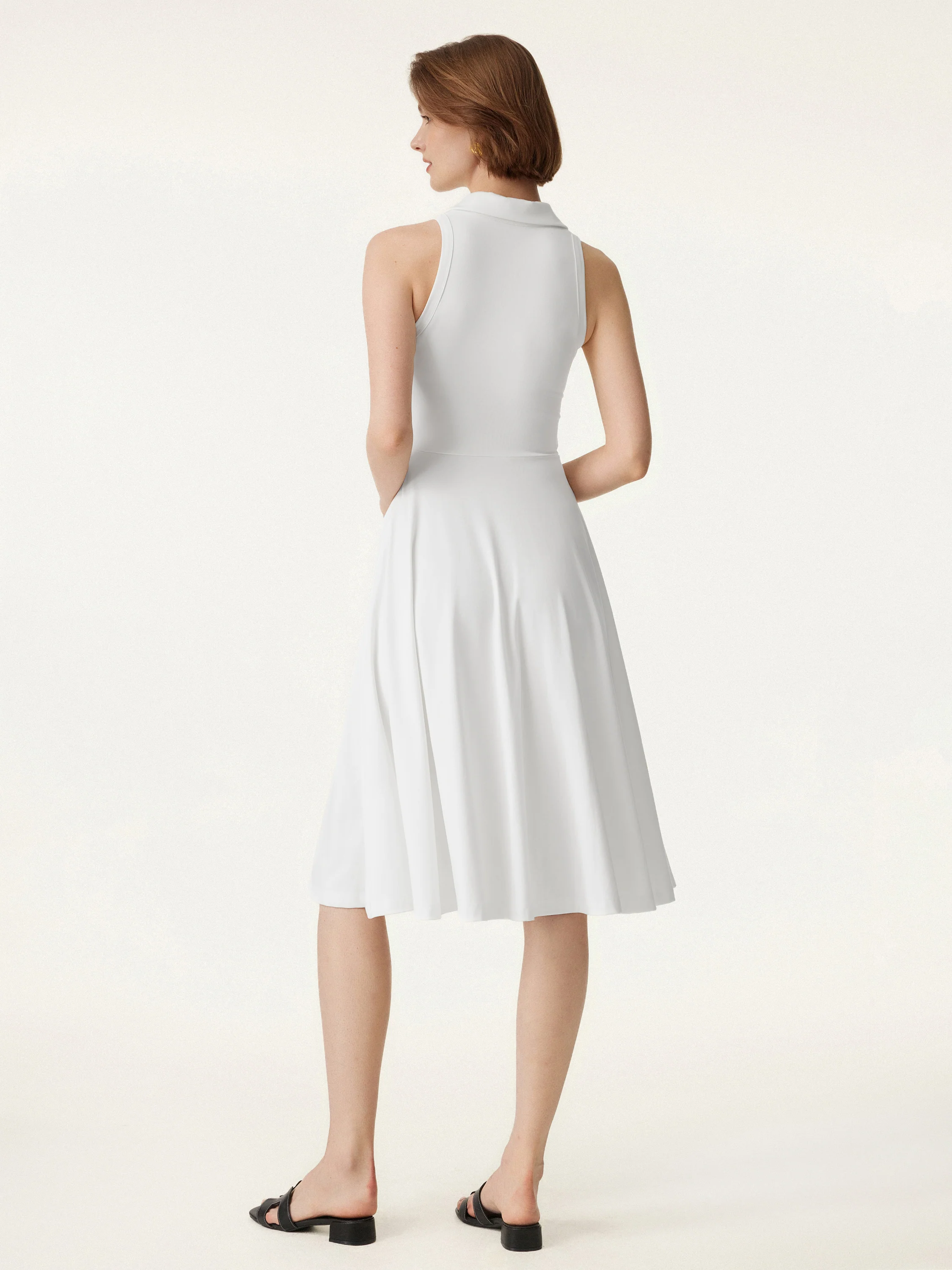 Stretch Cotton Polo Neck Fit-and-flare Midi Brami Dress with Pockets