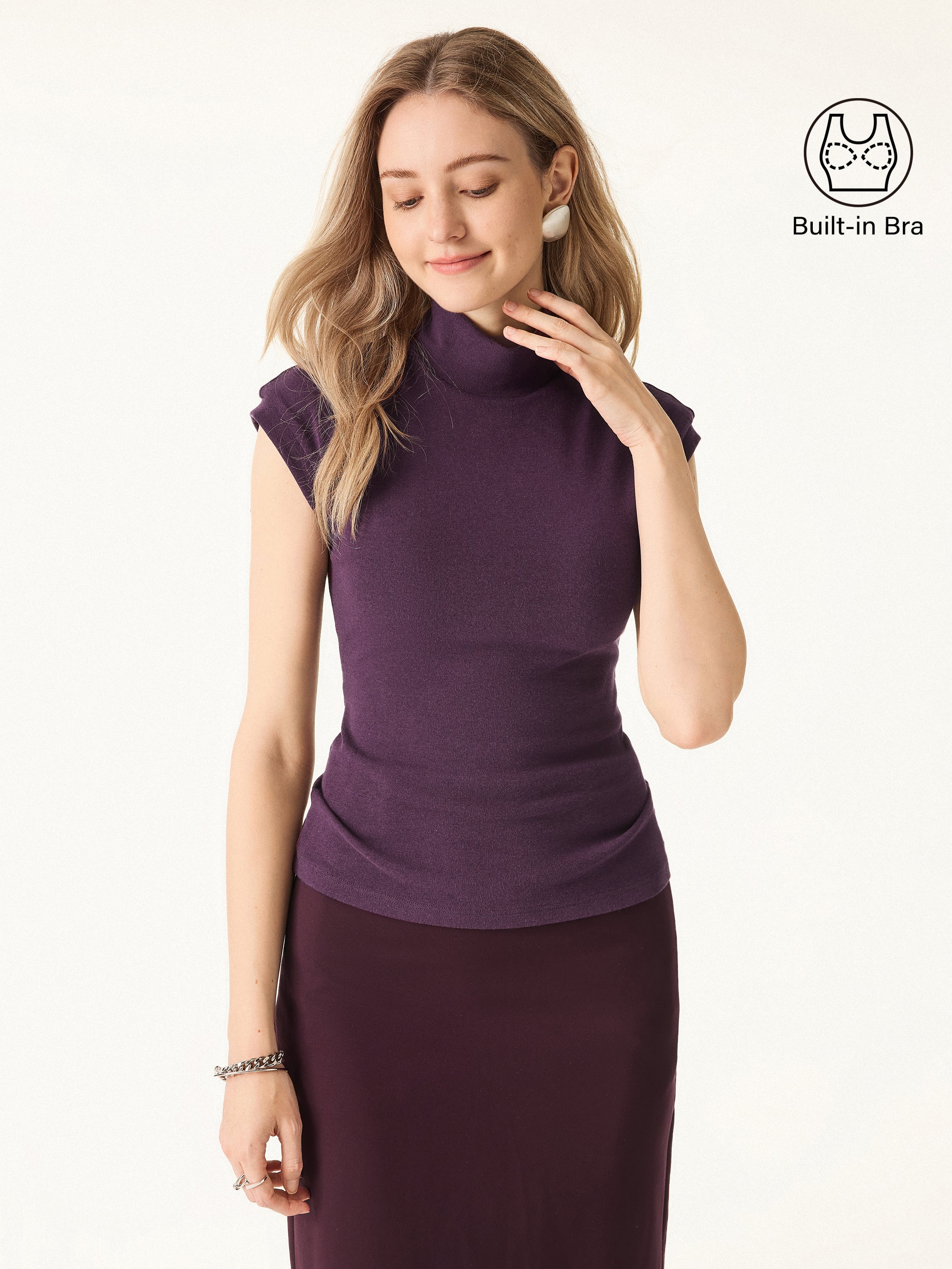 Stretch Cotton Mock Neck Cap Sleeve Brami Top