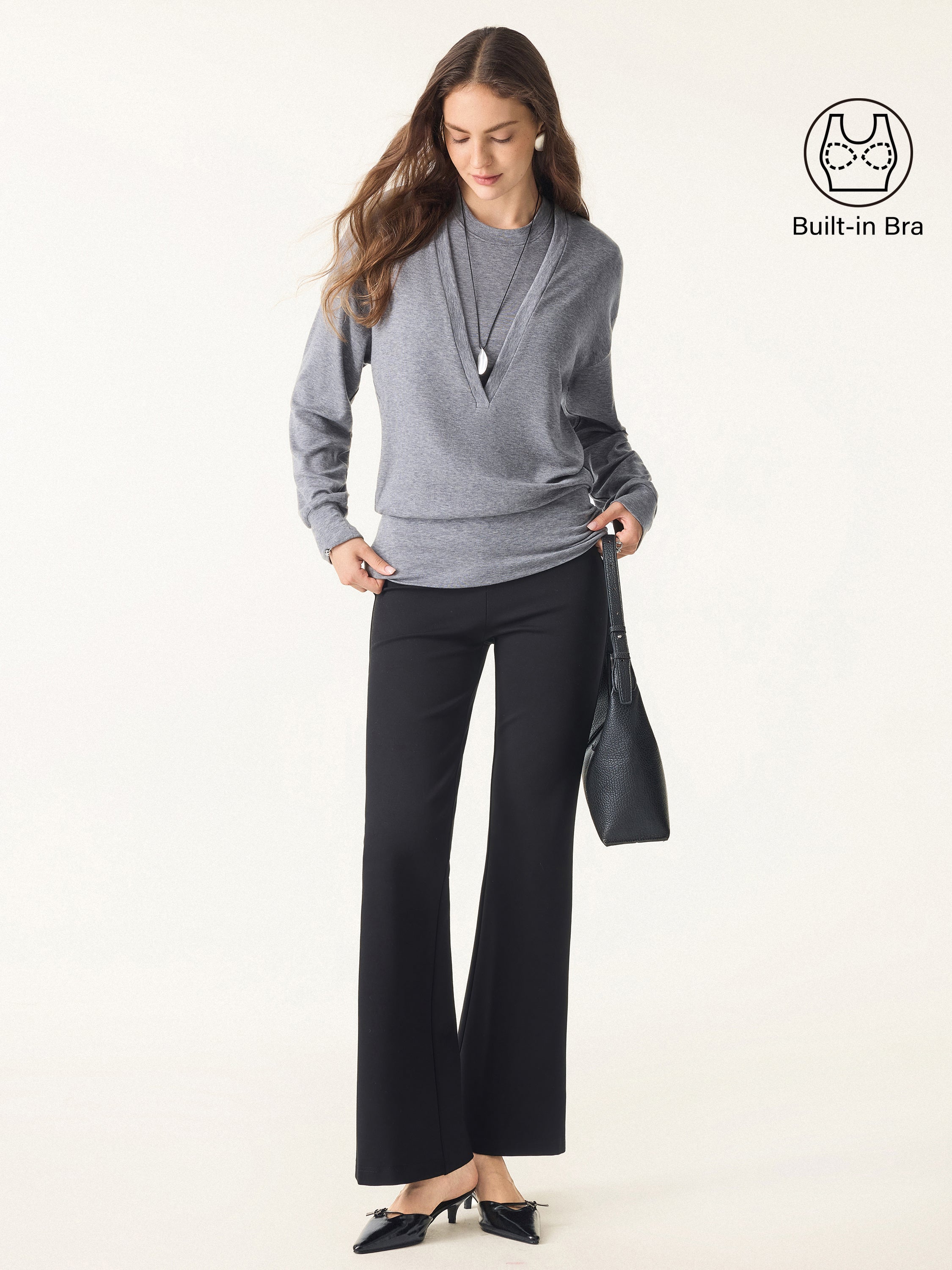 2Pcs Set Lyocell Cashmere V-neck Drop Shoulder Top & Crew Neck Wide Shoulder Brami